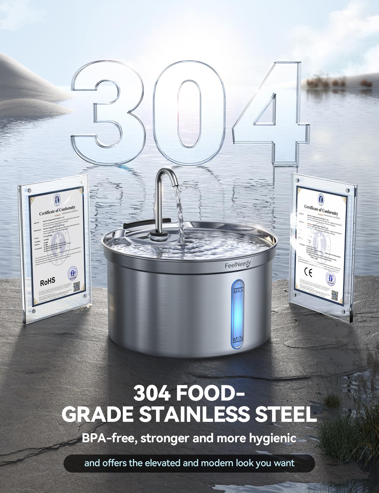 Cat Water Fountain Stainless Steel, FEELNEEDY 118oz/3.5L Pet Water Fountain Indoor, Cat Fountain,Dog Water Fountain,Cat Drinking Water Fountain with 3 Filters Replacement (FN-W08)