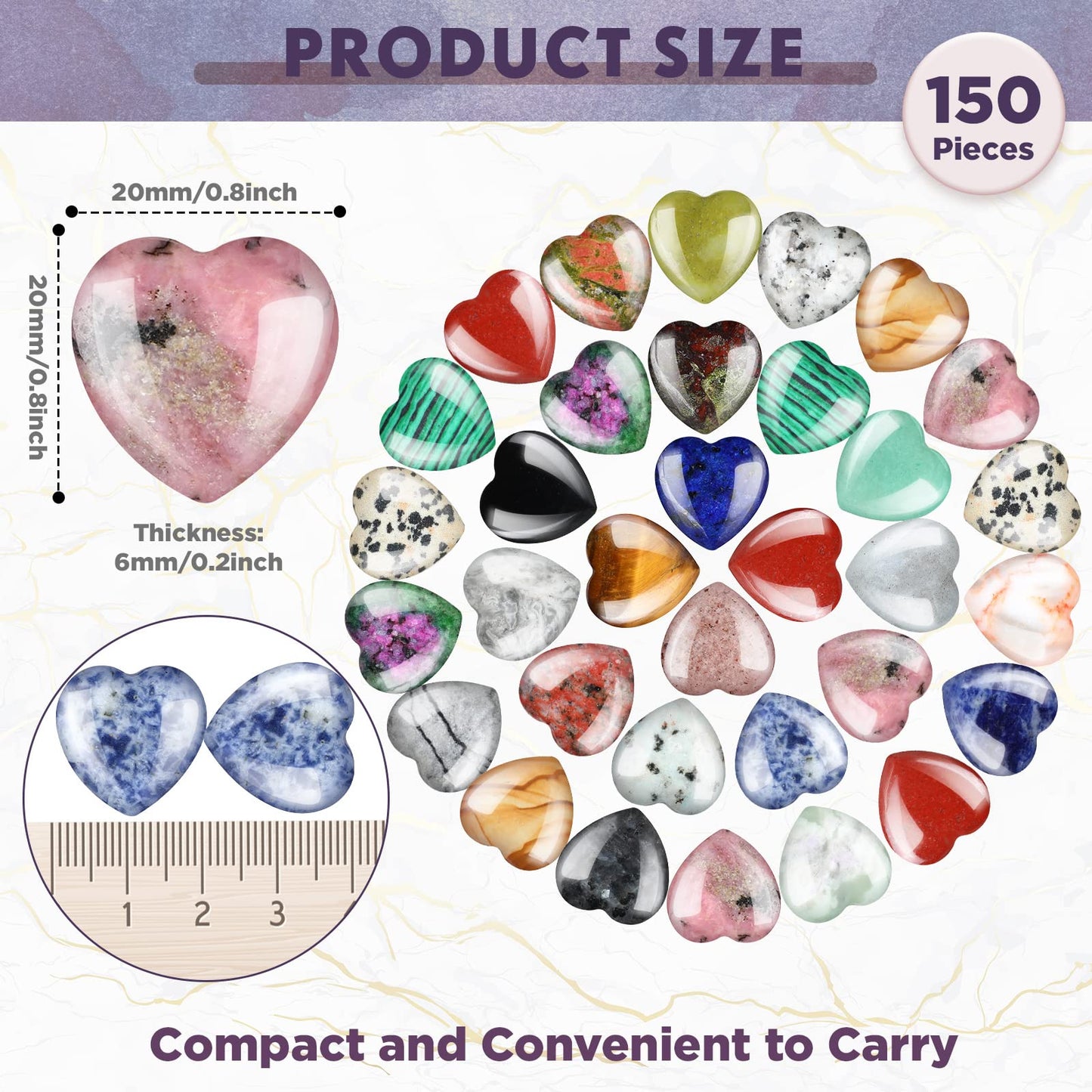 Nuenen 150 Pcs Worry Stones Natural Heart Shaped Stone Bulk Mother's Day Gifts Assorted Heart Gemstone 0.8'' Love Healing Crystal Chakra Pocket Witch Crystal for Witchcraft Reiki Balancing(Cute)