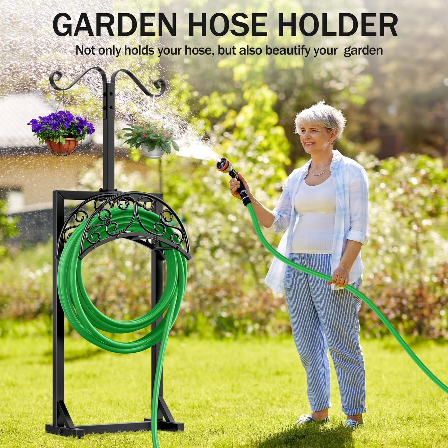 Jvgoo Garden Hose Holder for Outside - Upgraded Water Hose Stand With 5 Spikes & 2 Shepherds Hooks, Freestanding Heavy Duty Hanger Storage Reel Rack for Yard Lawn