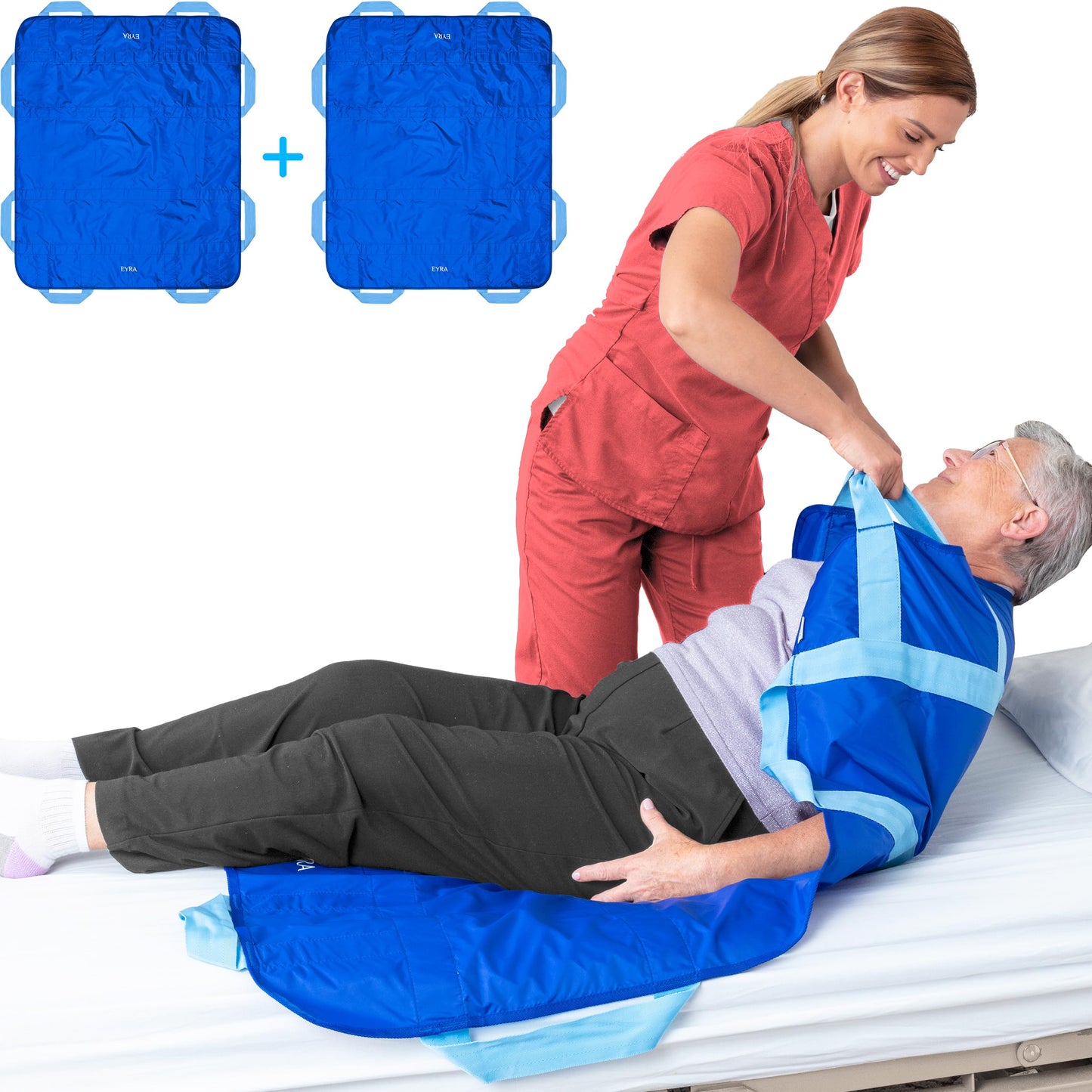 EYRA 2 Pack Positioning Bed Pad with Handles - 48"x40” (122cm x 102cm ) Reusable & Washable Bed Positioning Pad - Multipurpose Patient Transfer Pad for Turning, Lifting & Repositioning - Patient Aid Positioning Bed Pad