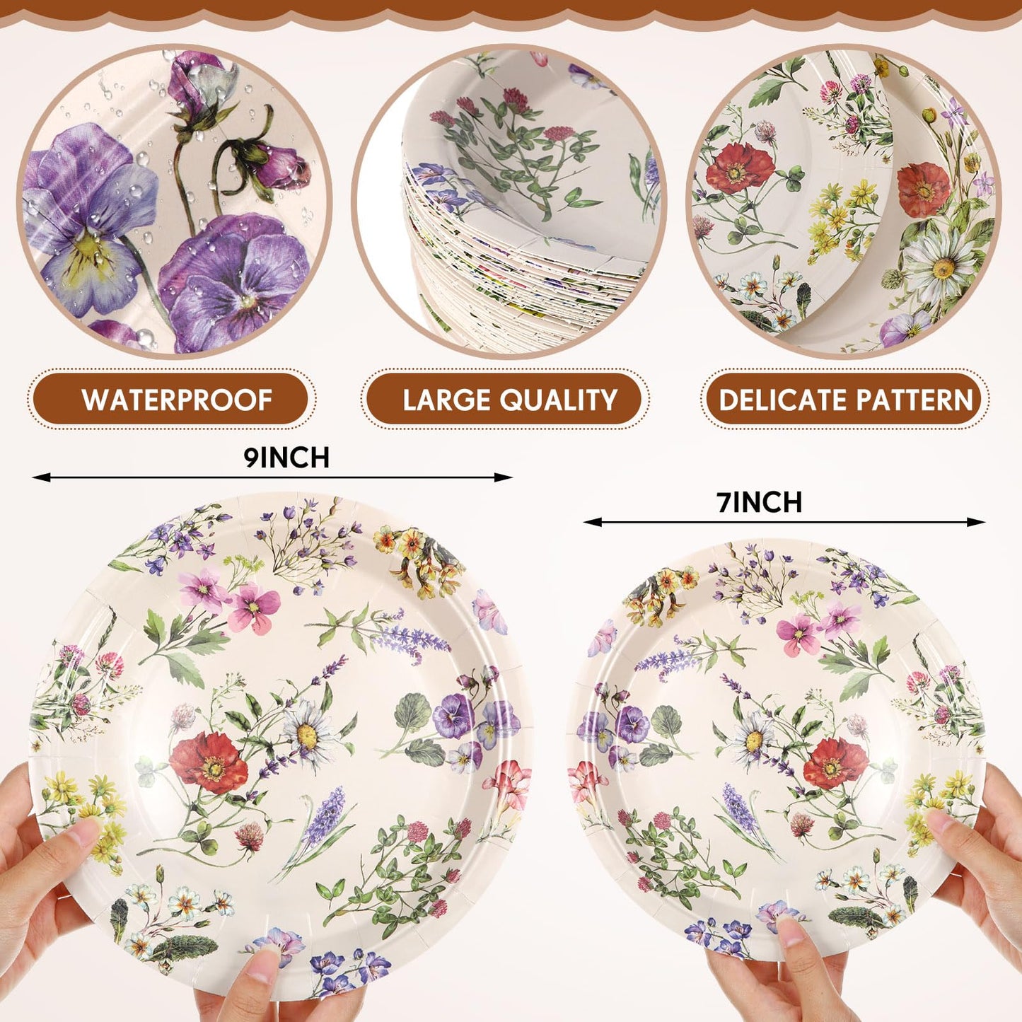 Mumufy 100 Pack Floral Paper Plates 9 & 7 Disposable Wildflower Dessert Plates Dinner Tableware Floral Party Decoration for Easter Garden Spring Tea Party Baby Shower Wedding Birthday Supplies