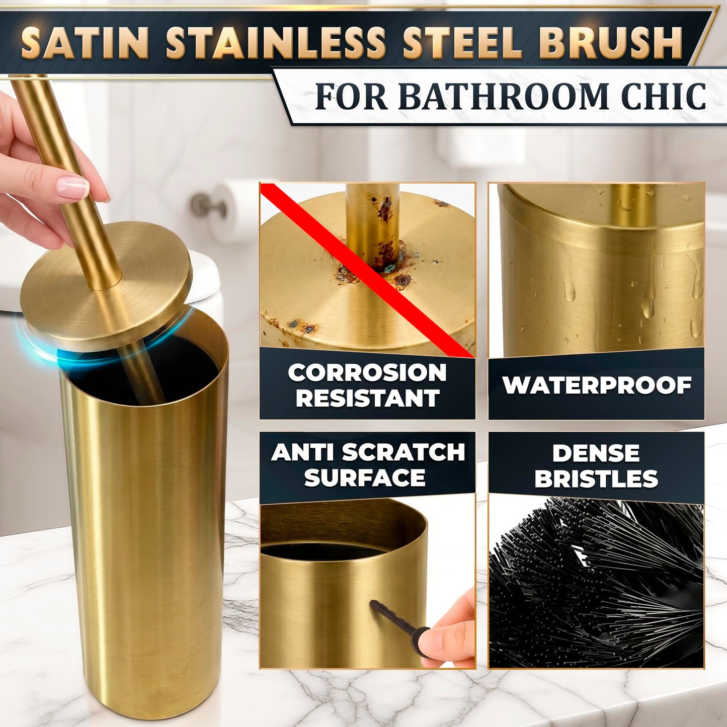 Novsix Stainless Steel Toilet Brush and Holder for Bathroom Toilet Bowl Cleaner Brush Set, Brushed Gold