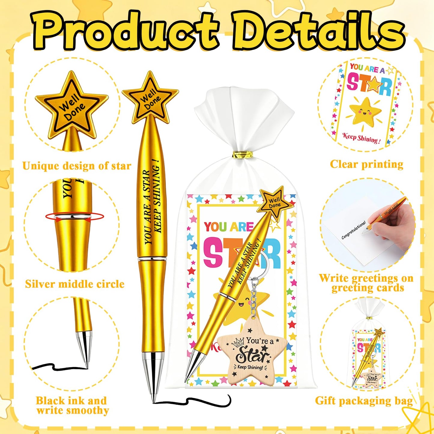 Natonhi 32 Sets End of Year Student Gifts from Teacher Bulk with Star Keychain Cute Pens Gift Card for Students from Teacher for Classroom Party Favors Home Office learners Graduation Party Supplies
