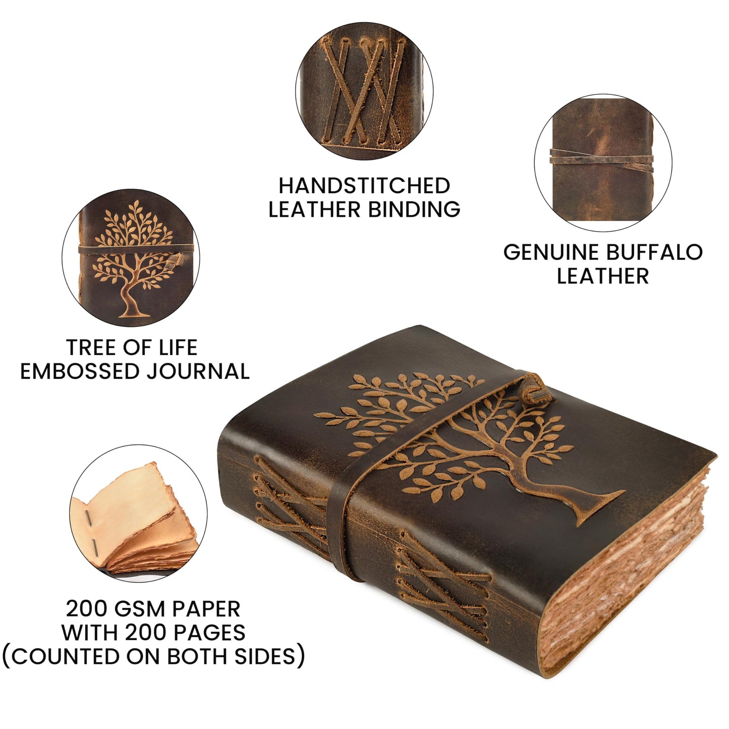 LEATHER VILLAGE Tree of Life Handmade Leather Bound Vintage Journal for Men & Women - 200 Pages Antique Deckle Edge Handmade Paper- Book of Shadow - Distressed Brown - 8 x 6 inches