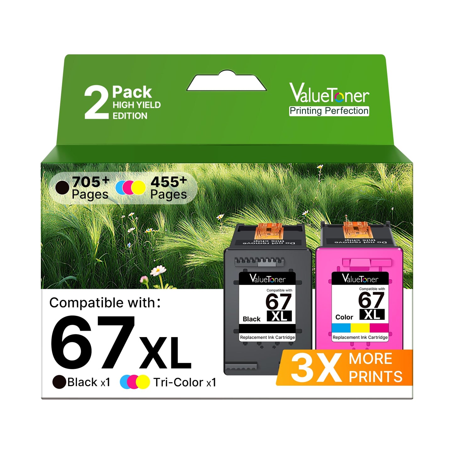 Valuetoner 67 XL Ink Cartridges Replacement for HP 67XL Black and Colour Printer Ink for HP67 XL Ink Cartridges for HP67XL for HP Envy 6455e 6052 6055 6010e 6020e 6030e 6052e Printer (2 Pack)