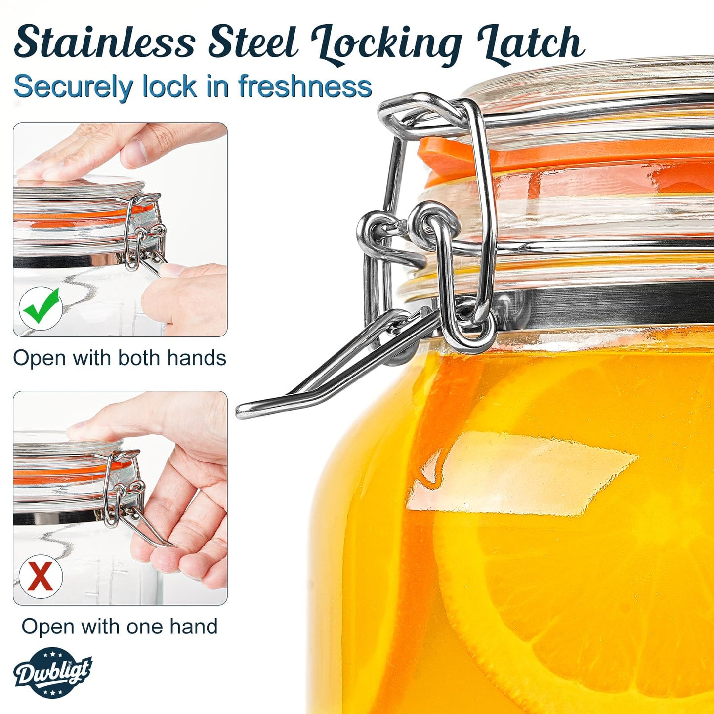 1 Gallon Glass Jars with Airtight Lids 2 Packs, Wide Mouth Mason Jars with Clip Top Lids & Stainless Steel Handle & Silicone Base, Glass Storage Containers for Kitchen Storage, Pickling - Dual Scale