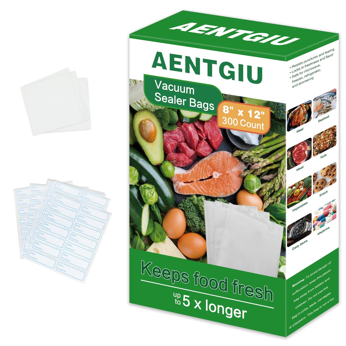 300 Count Vacuum Sealer Bags for Food Saver, 8x12 Inch Quart Size, BPA Free Precut Sous Vide Bags, Commercial Grade Vacuum Seal Bags for Food Storage, Compatible with All Vacuum Sealer Machines