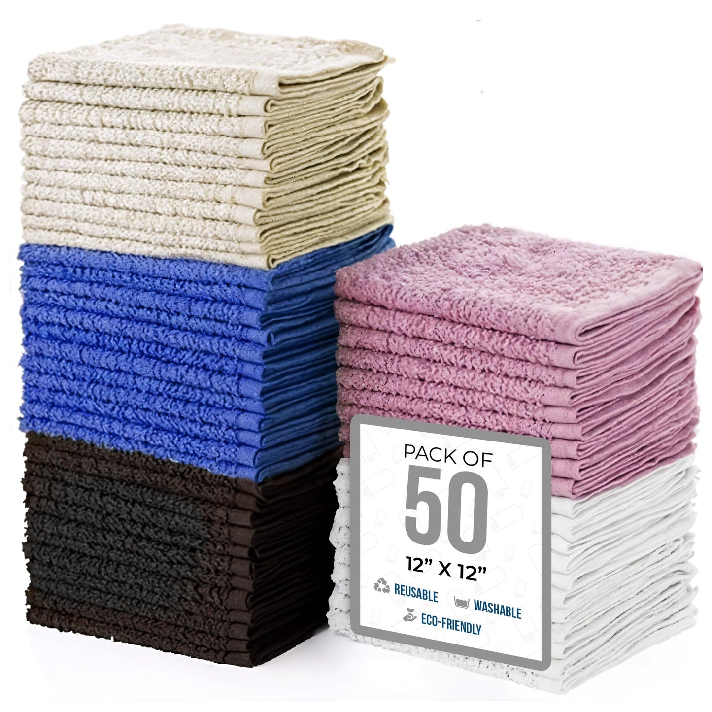 SIMPLI-MAGIC Cotton Wash Cloths 12"x12" (50 Pack) – Highly Absorbent Soft Towels – Commercial Terry Washcloth for Face, Hand, Bath, Kitchen, Gym & Hotel (Multicolor)