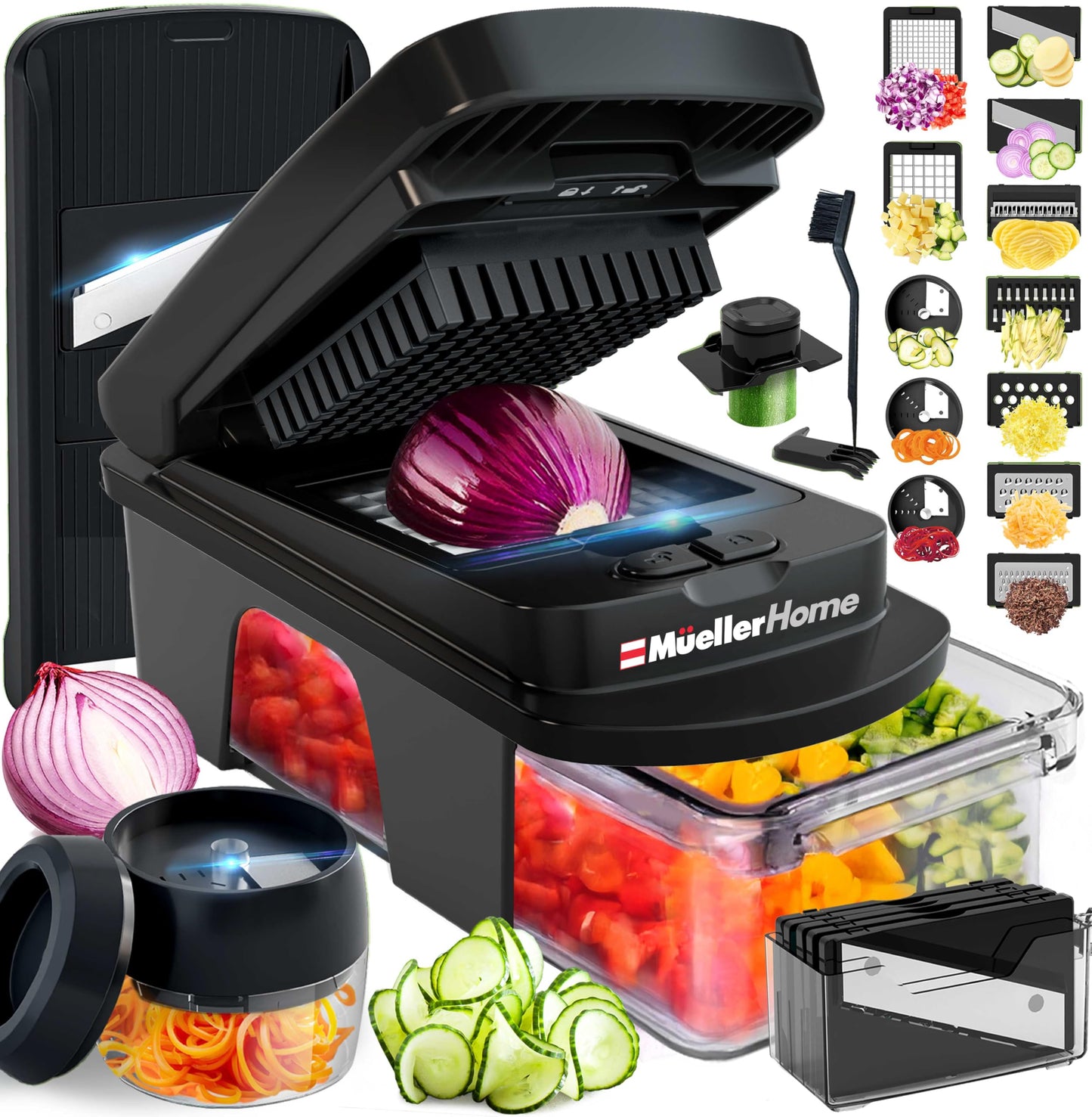 Mueller ULTIMATE 12 Blade Vegetable Chopper, Mandoline Slicer and Spiralizer, Dicer, Grater, Kitchen Essentials & Accessories, Black