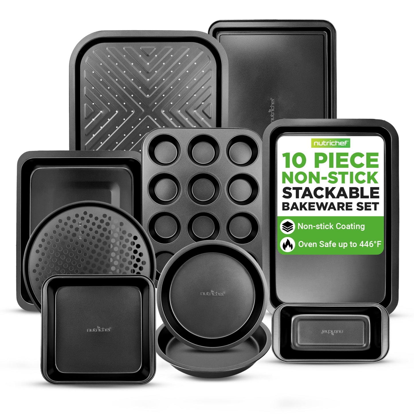 NutriChef Bakeware Set, 10-Piece Carbon Steel Nonstick Pans – PFOA/PFOS-Free, Easy Clean, Oven & Dishwasher Safe, Includes Baking Sheets, Muffin, Loaf & Cake Pans and More