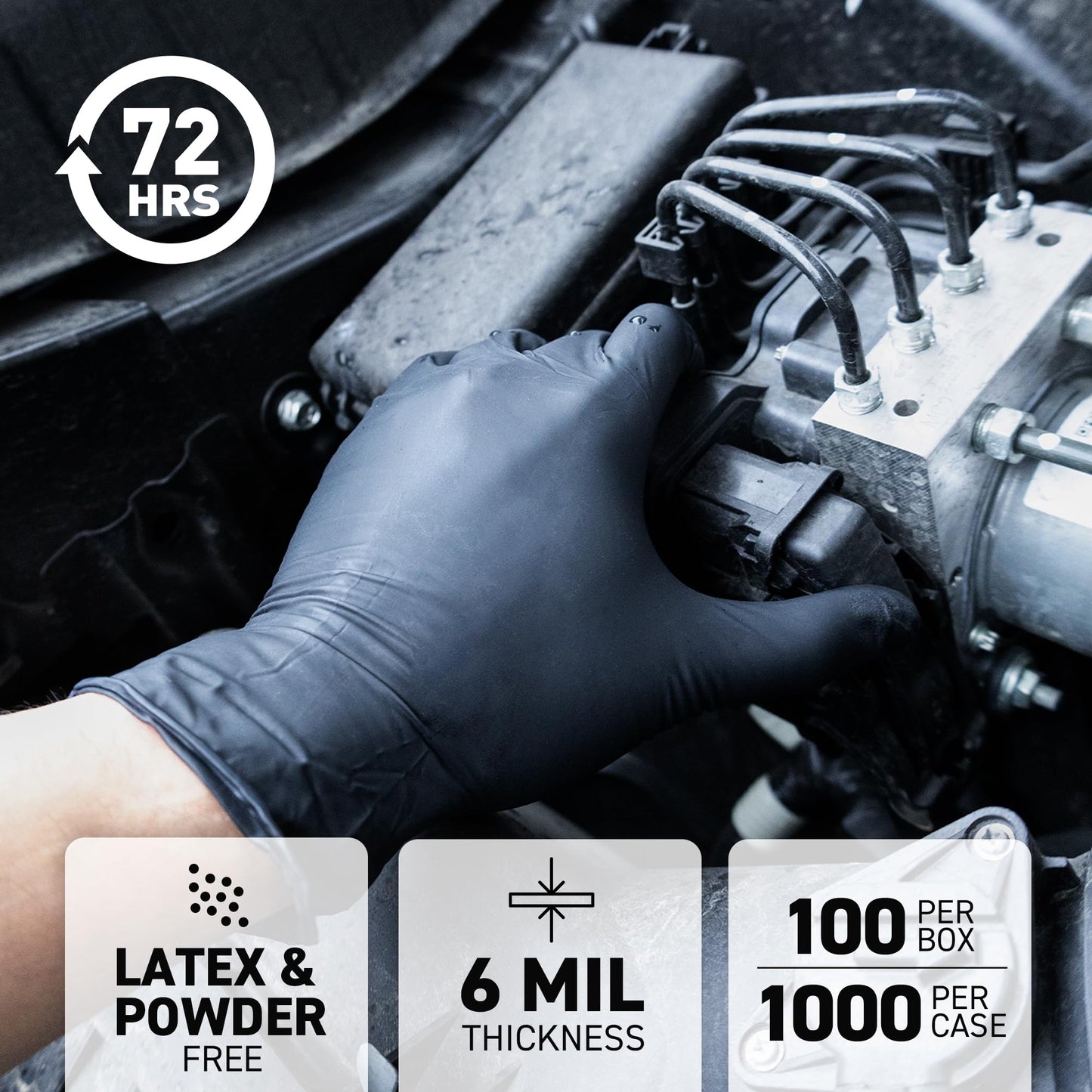 72HRS Industrial Grade Nitrile Gloves - Disposable Gloves, 6 Mil Nitrile Gloves, Auto Mechanic Gloves, Rubber Mechanic Gloves, Nitrile Gloves, Black Shop Gloves (200 Pieces, Large)