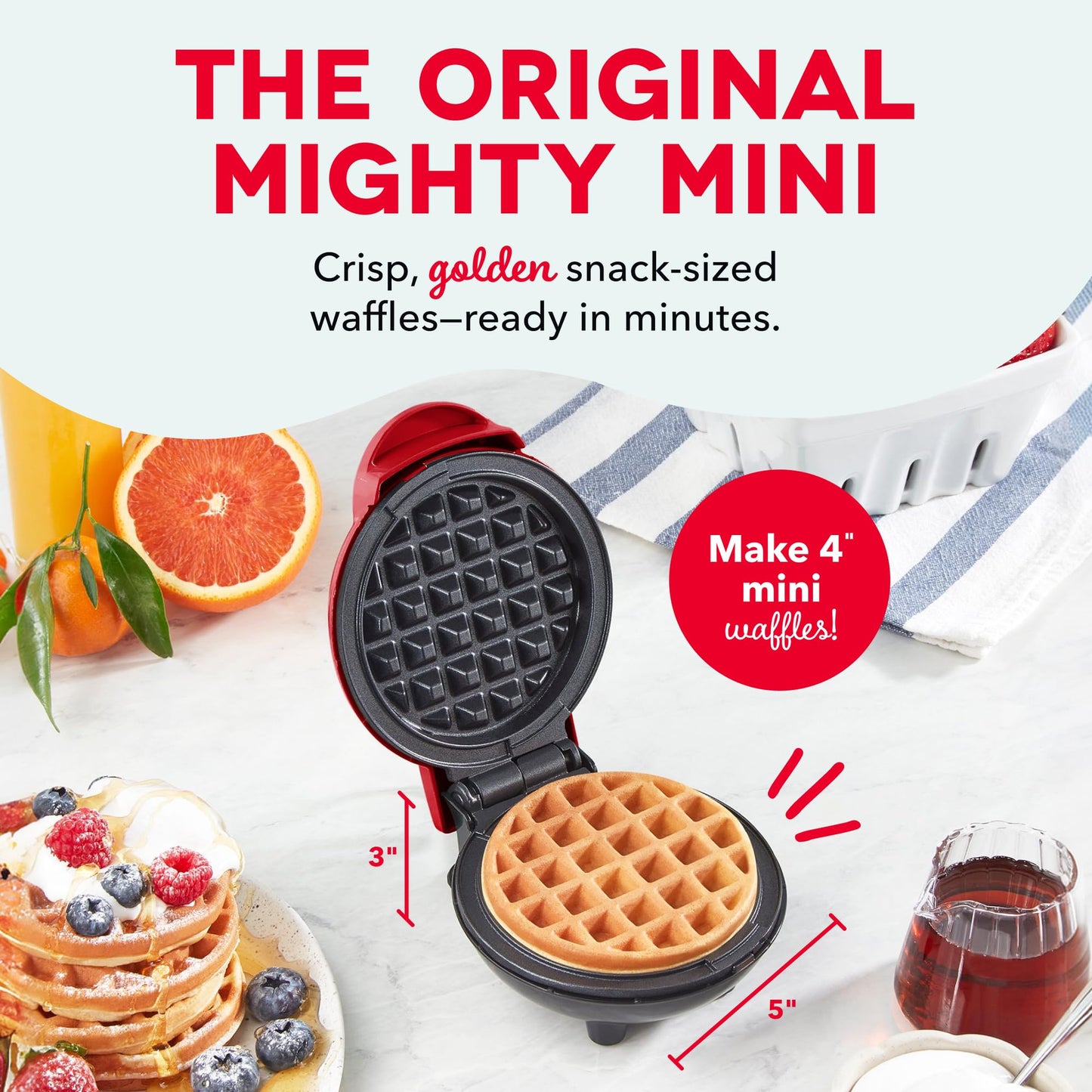Dash Mini Waffle Maker - 4” Waffle Mold, Nonstick Waffle Iron with Quick Heat-Up, Nonstick Surface - Perfect Mini Waffle Maker for Kids and Families, Just Add Batter (Red)
