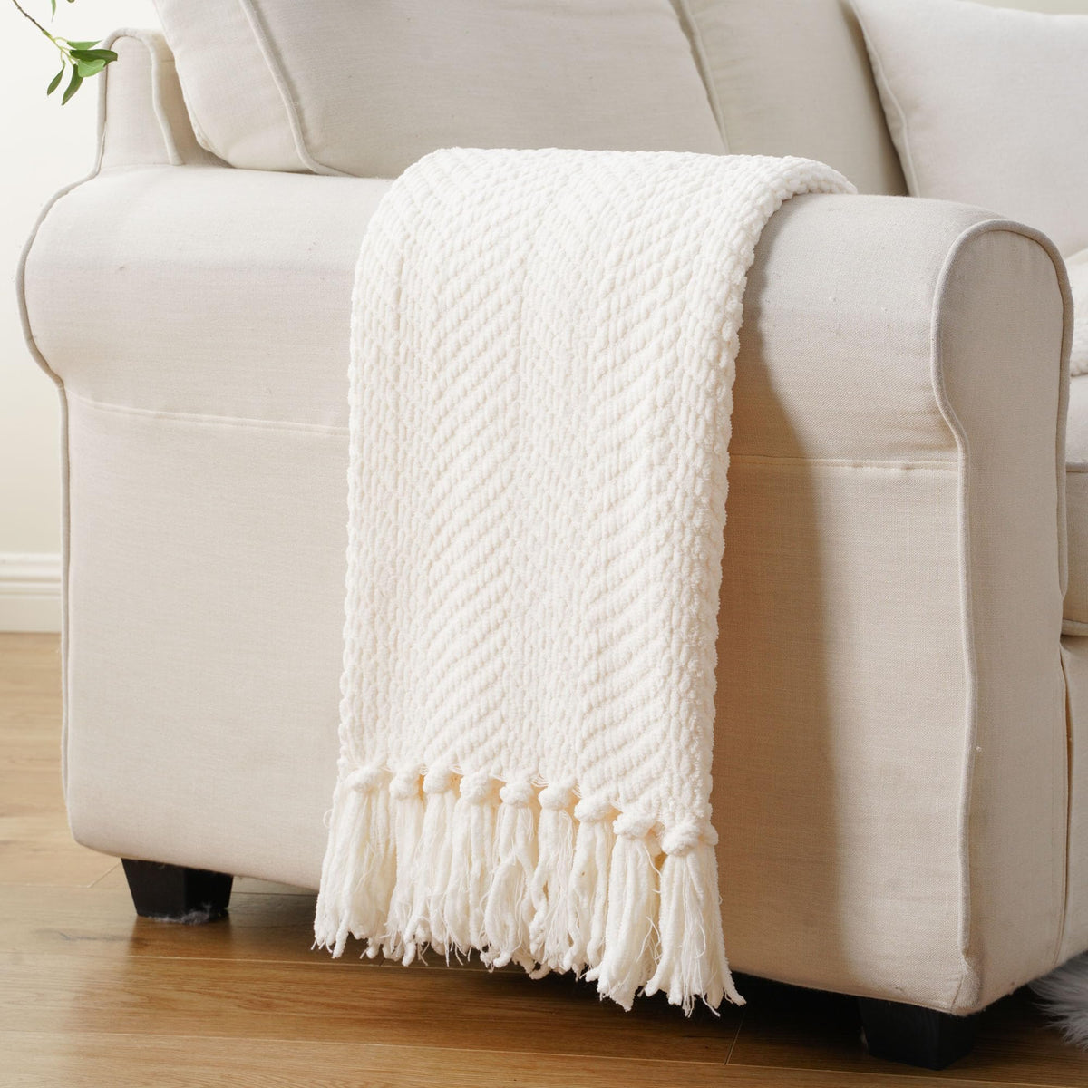 BATTILO HOME Cream Throw Blankets for Couch, Textured Knitted White Throw Blanket with Tassels, Ivory Blanket for Bed Sofa Cover Living Room, Soft Warm Cozy Large Cream Blanket for Home Decor,60"x80"
