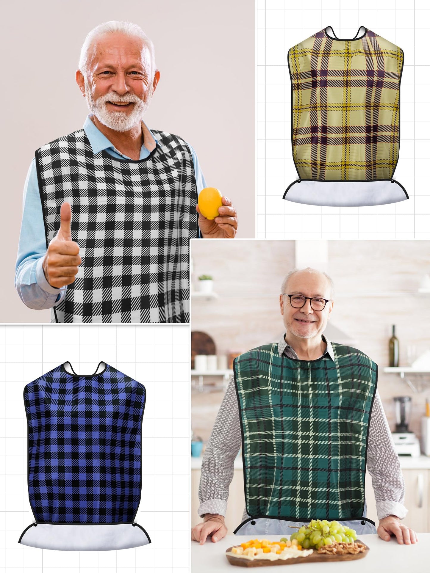 10 Pcs Adult Bib for Eating Washable Waterproof Clothing Protector with Crumb Catcher Reusable Large Bibs for Men Elderly Women Senior, Assorted Plaid Patterns