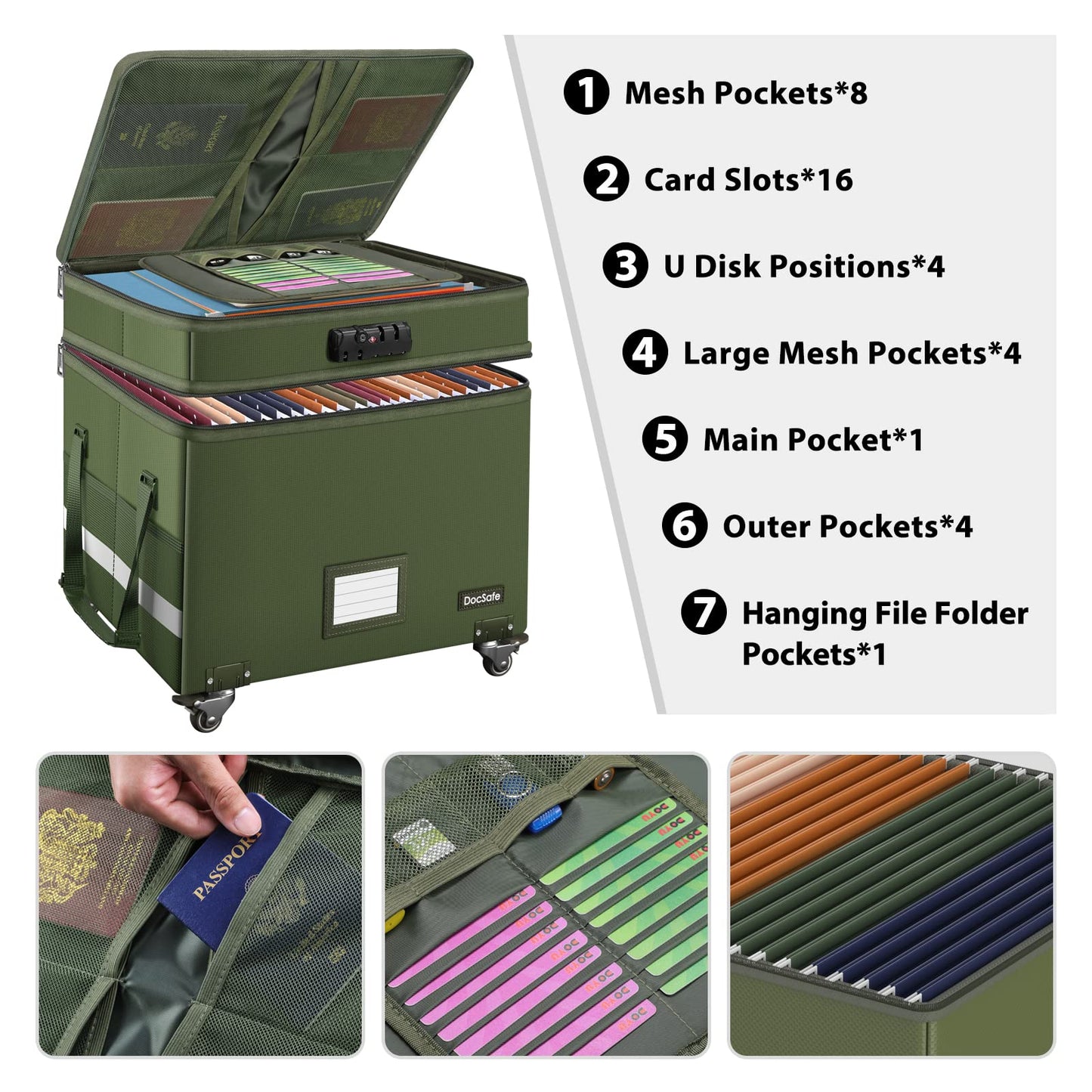 DocSafe File Box with Lock,2-Layer Fireproof Document Box with Wheels,Collapsible Rolling File Storage Organizer with Pockets,Large Portable Home Office Filing Cabinet Safe for Hanging Folders,Green