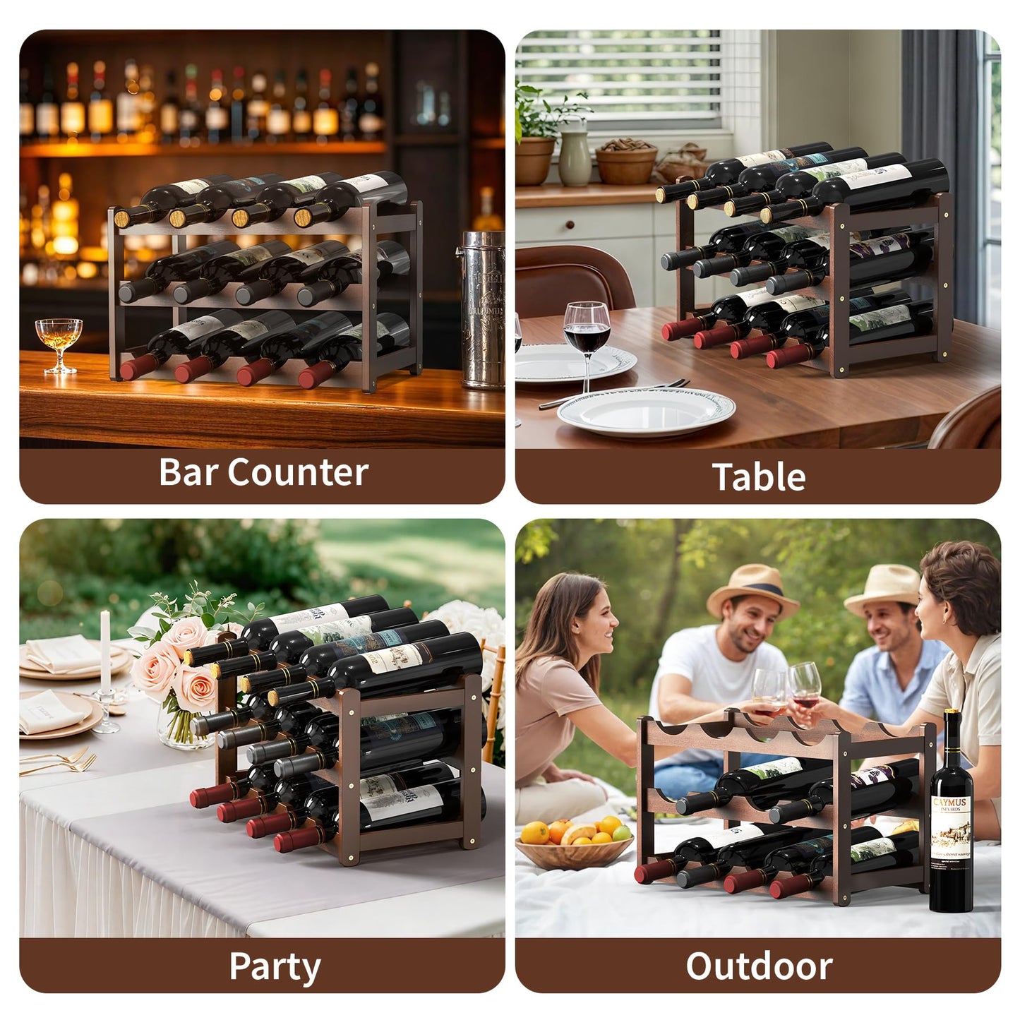 CAMOAT Wine Rack | 3-Tier Bamboo Wine Rack Organizer | Freestanding Floor & Countertop Wine Holder for 12 Bottles | Sturdy Wine Shelf | Perfect for Kitchen,Cabinets,Home Bar,Wine Storage (1, 3-Tiers)