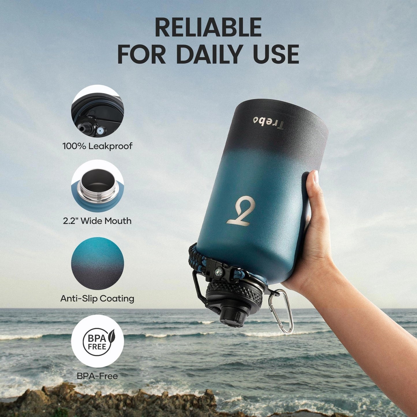 Water Bottle 64oz with Paracord Handle, Trebo Half Gallon Food-Grade Double Wall Vacuum Stainless Steel Insulated Jug with Straw Spout Handle Lids, Leakproof Keep Cold & Hot, Ombre: Indigo/Black