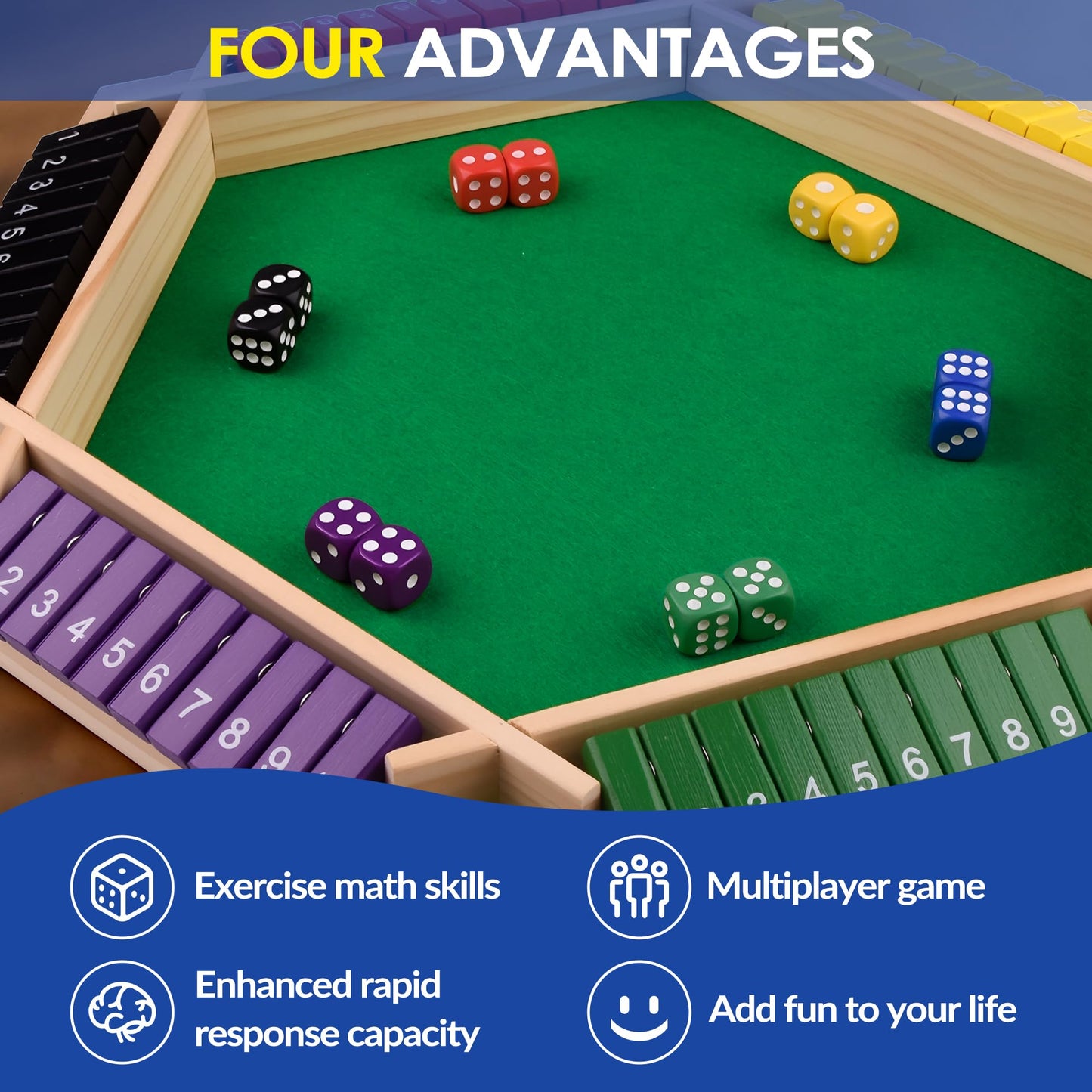 Kiapeak 1-6 Players Shut The Box Dice Game, 10 Numbers Traditional Wooden Pub Bar Board Gam for Classroom, Party, or Pub