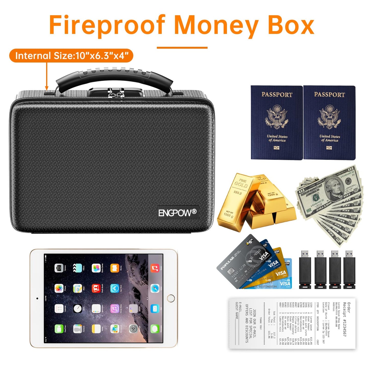 ENGPOW Fireproof Money Box, Small Hard Case Fireproof Box with Fireproof Zipper ＆ Lock, 6400°F Heat Insulated Fireproof Water Resistant Safe Box for Cash, A5 Document, Passport and More, Black