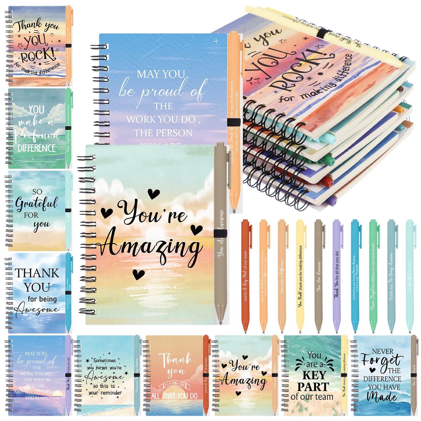 20 Pcs/10 Set Employee Appreciation Gifts Bulk Inspirational Spiral Notebook Journal with Motivational Ballpoint Pens Thank You Notepads Gift for Staff Coworker Teacher Colleagues Nurse