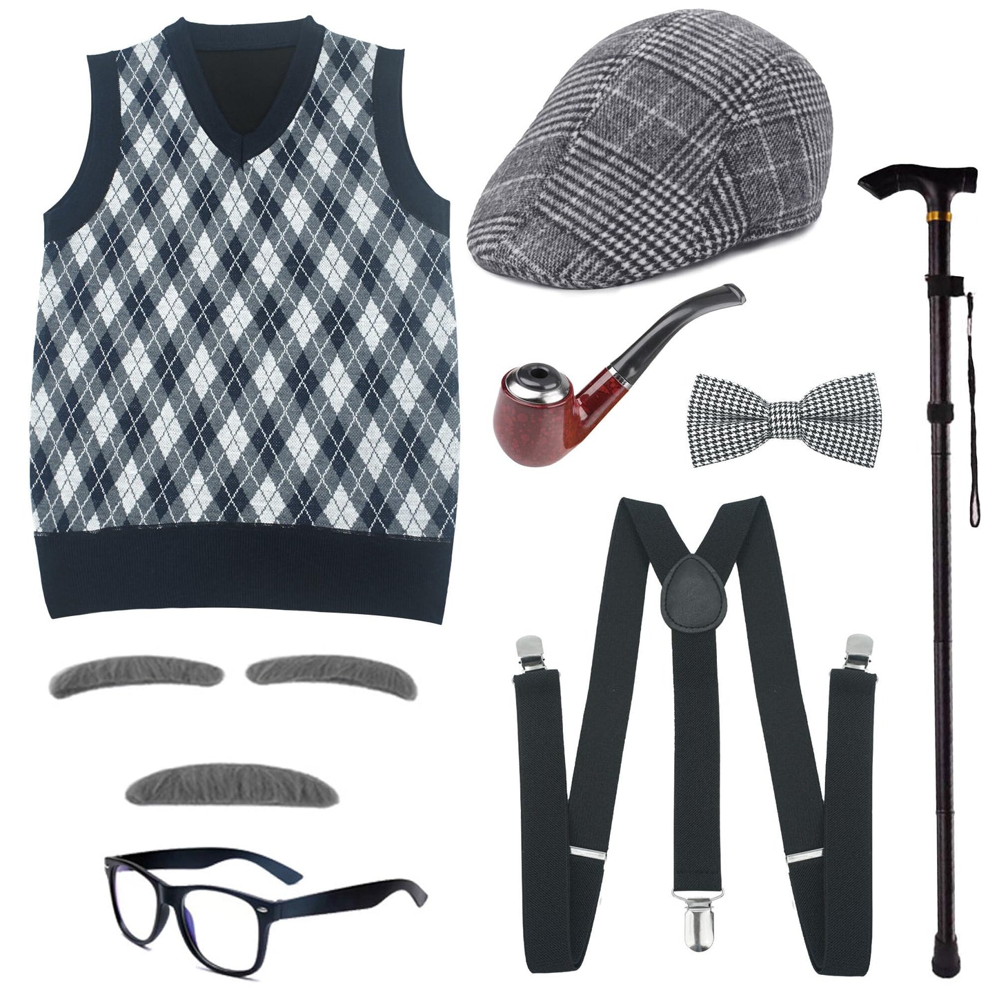 100th Days of School Costume for Kids Boys Old Man Costumes Hat Grandpa Vest Halloween Dress Up Outfit Set for School Party