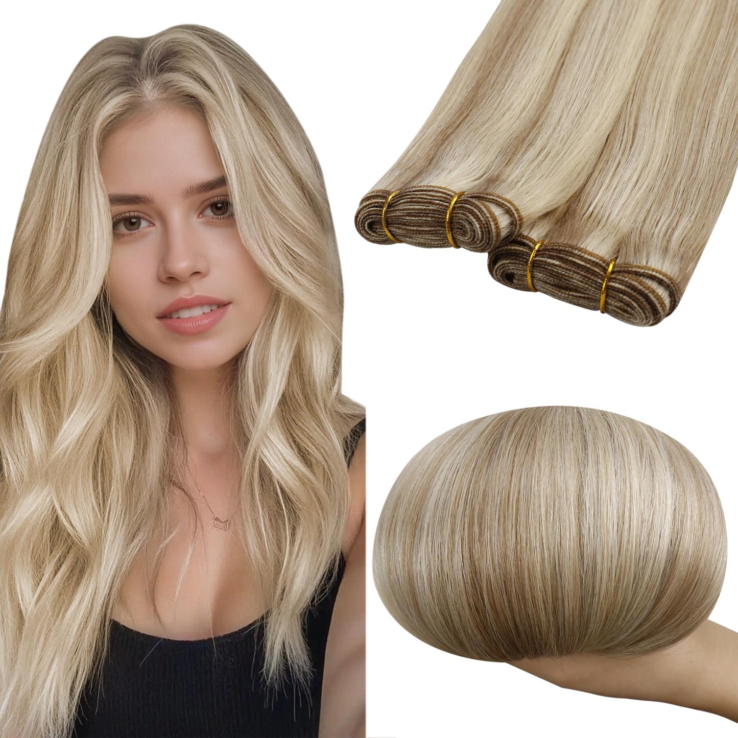 RUNATURE Sew in Hair Extensions Human Hair Highlight Weft Hair Extensions Real Human Hair Ash Brown with Platinum Blonde Weft Human Hair Bundles for Women 16 Inch 100g