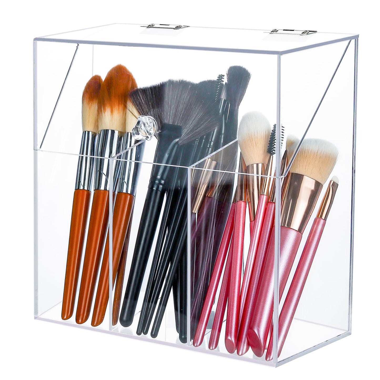 LOHRYVIO Acrylic Makeup Brush Holder with Lid - Clear Cosmetic Make up Brush Organizer and Storage Box with Dustproof Cover for Vanity - Large Capacity 3-Slots Container for Brushes (Clear)