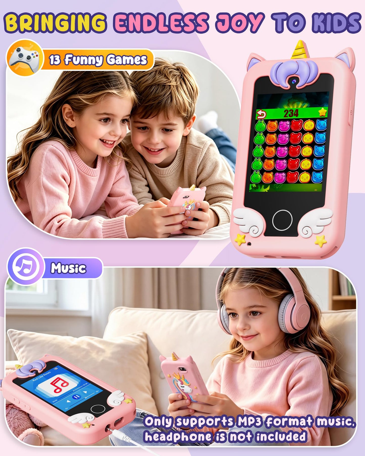 UCIDCI Kids Smart Phone Toys for Girls Ages 3-7 with Dual Camera - Kids Phone with Learning Games, Travel Toys with MP3 Music Player for Christmas, Birthday Gifts for 3 4 5 6 7 Year Old Boys