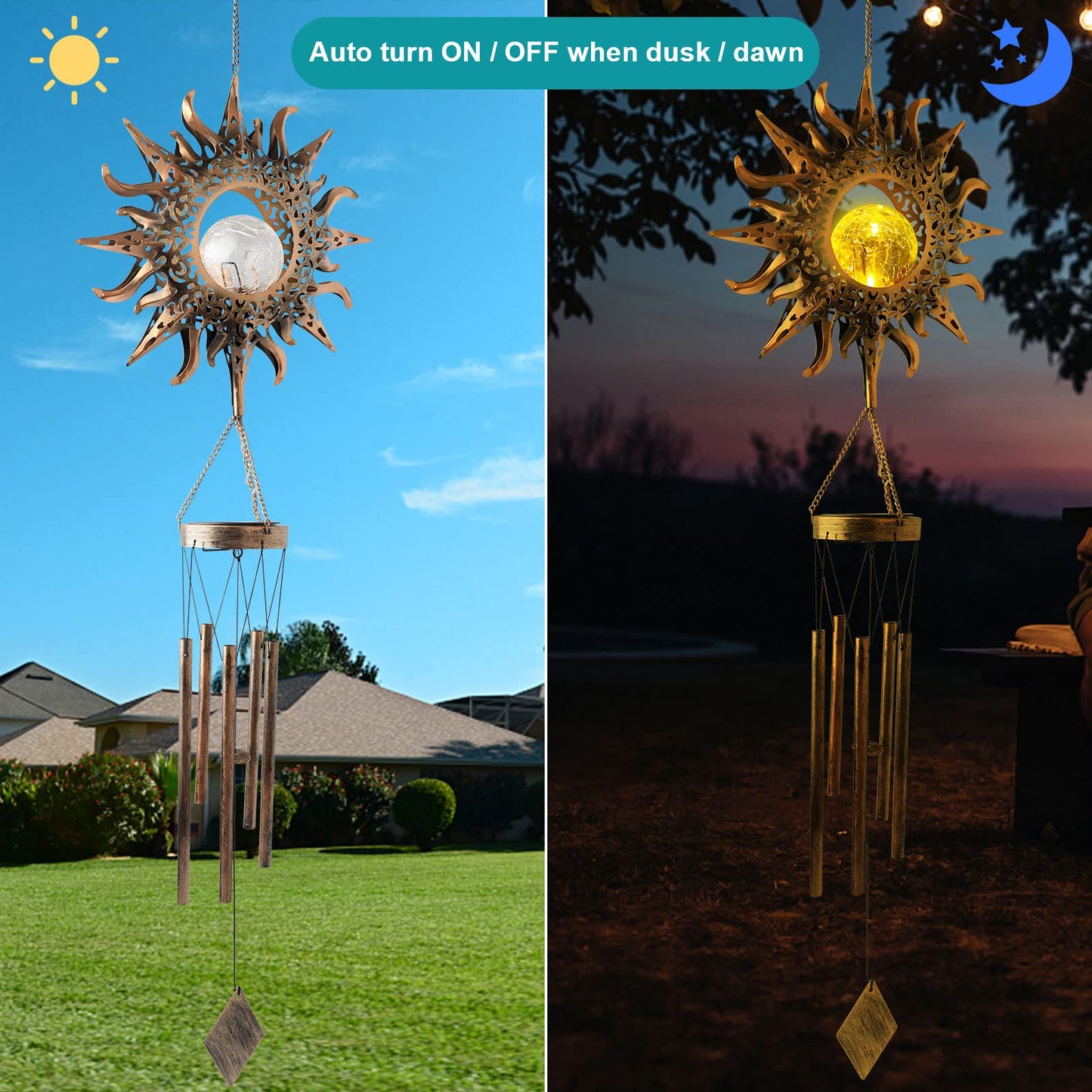 Sun Wind Chimes Solar Retro Windchimes Sympathy Gift, Wind Chimes Outdoor, Gifts for mom, Gifts for Grandma, Memorial Wind Chimes