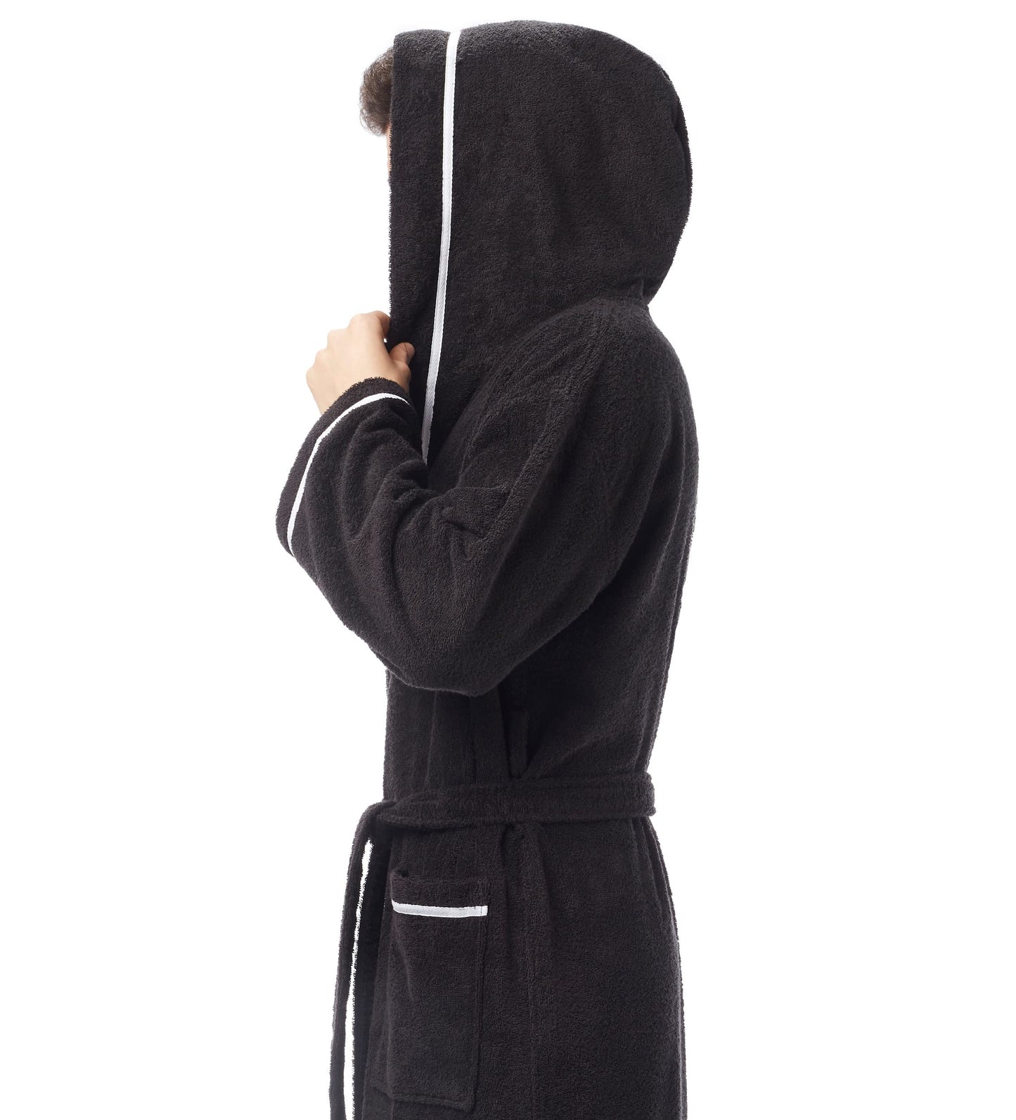 Arus Men's Hooded Classic Bathrobe Turkish Cotton Robe with Full Length Options, Black With White Border, XX-Large Extra Tall