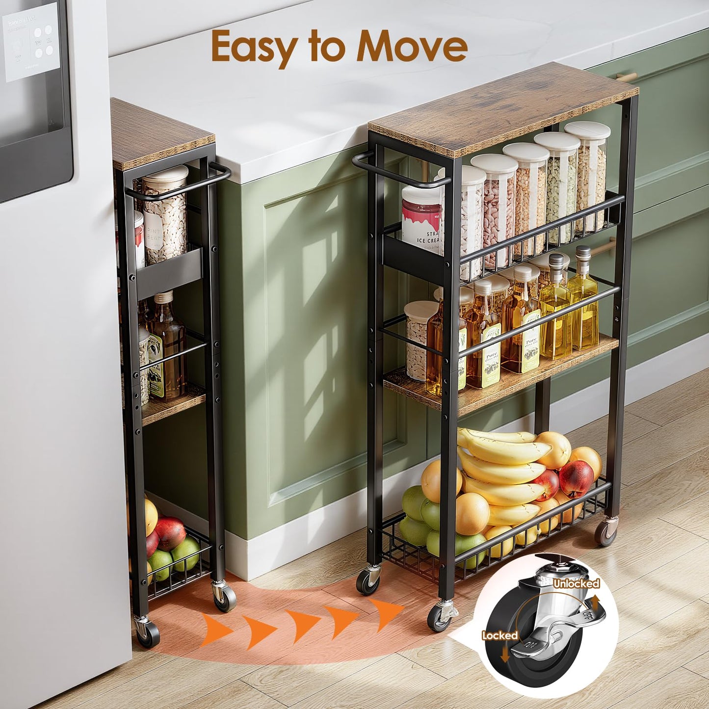 Kssiaz Slim Storage Rolling Cart, 4 Tier Narrow Cart with Wheels, Metal Kitchen Rolling Cart for Small Spaces, Slide Out Storage Shelves for Kitchen, Laundry Room, Bathroom, Living Room, 7.1in(W)