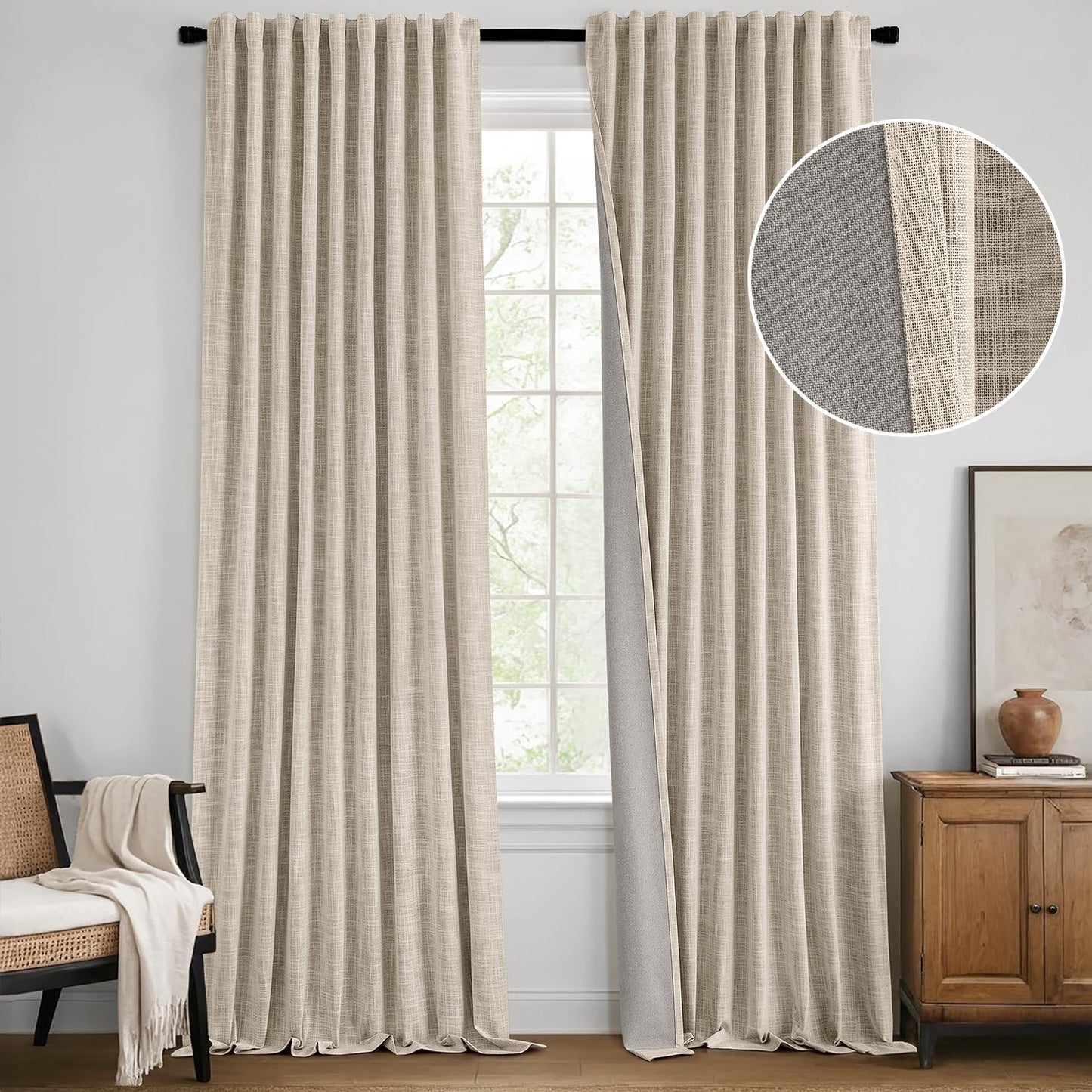 MIULEE 100% Blackout Linen Curtains 94 Inch Long 2 Panels Set for Bedroom,Double Sided Pleated Back Tab Thermal Insulated Black Out Drapes for Living Room Darkening Pinch Pleat Window Curtains, Beige