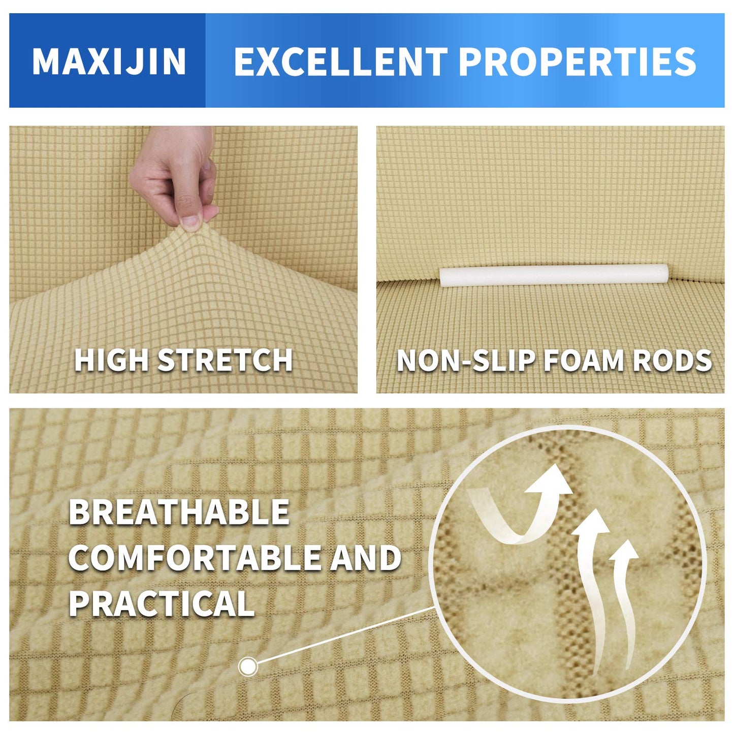 MAXIJIN Super Stretch Couch Cover for 3 Cushion Couch, 1 Piece Universal Sofa Covers Living Room Jacquard Spandex Furniture Protector Dogs Pet Friendly Fitted (Large, Beige)