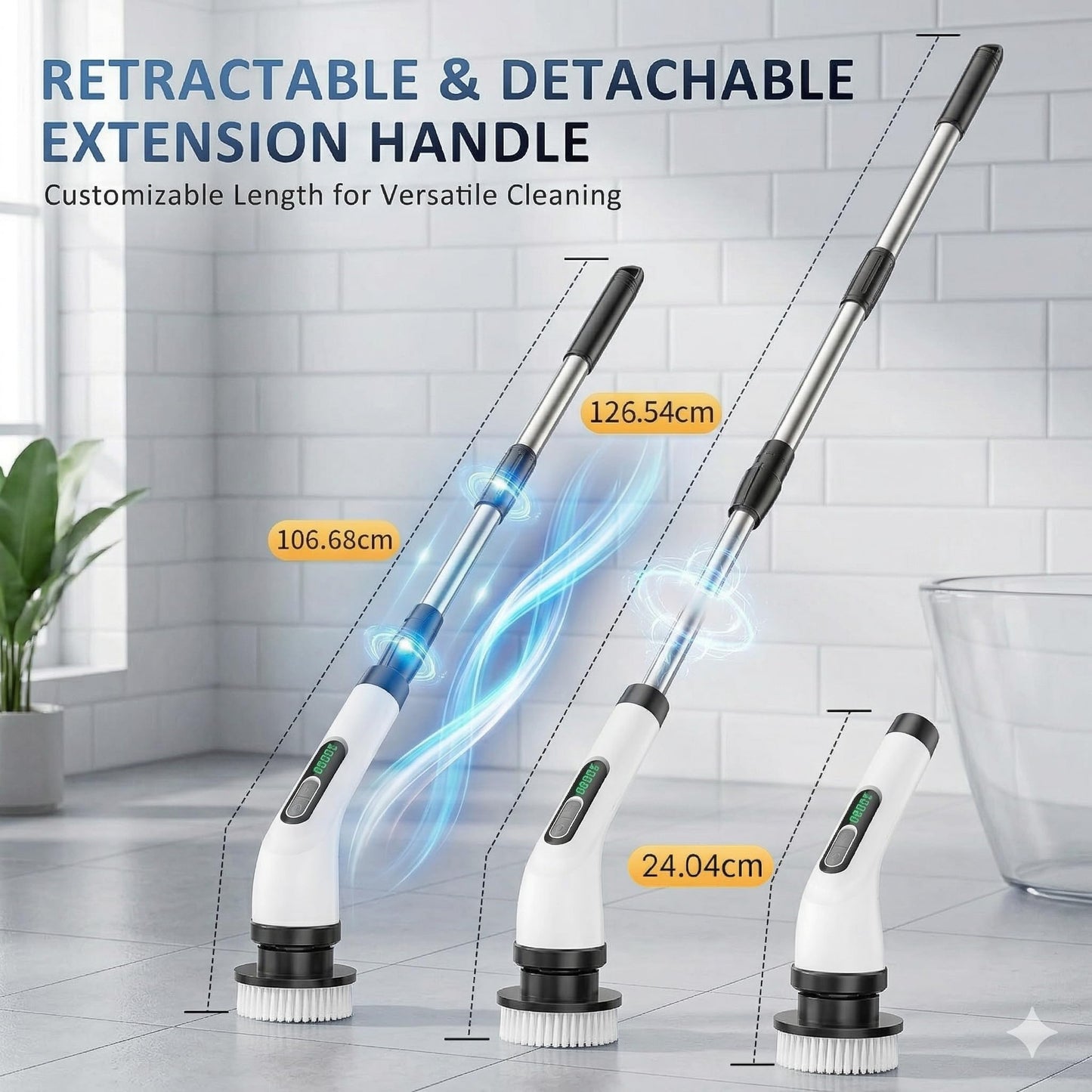 FYDEE Electric Spin Scrubber, Cordless Bathroom Cleaning Brush with 7 Heads & Adjustable Extension Handle, IPX7 Waterproof Rechargeable Power Shower Tub Scrubber for Tile, Grout, Floor & Car