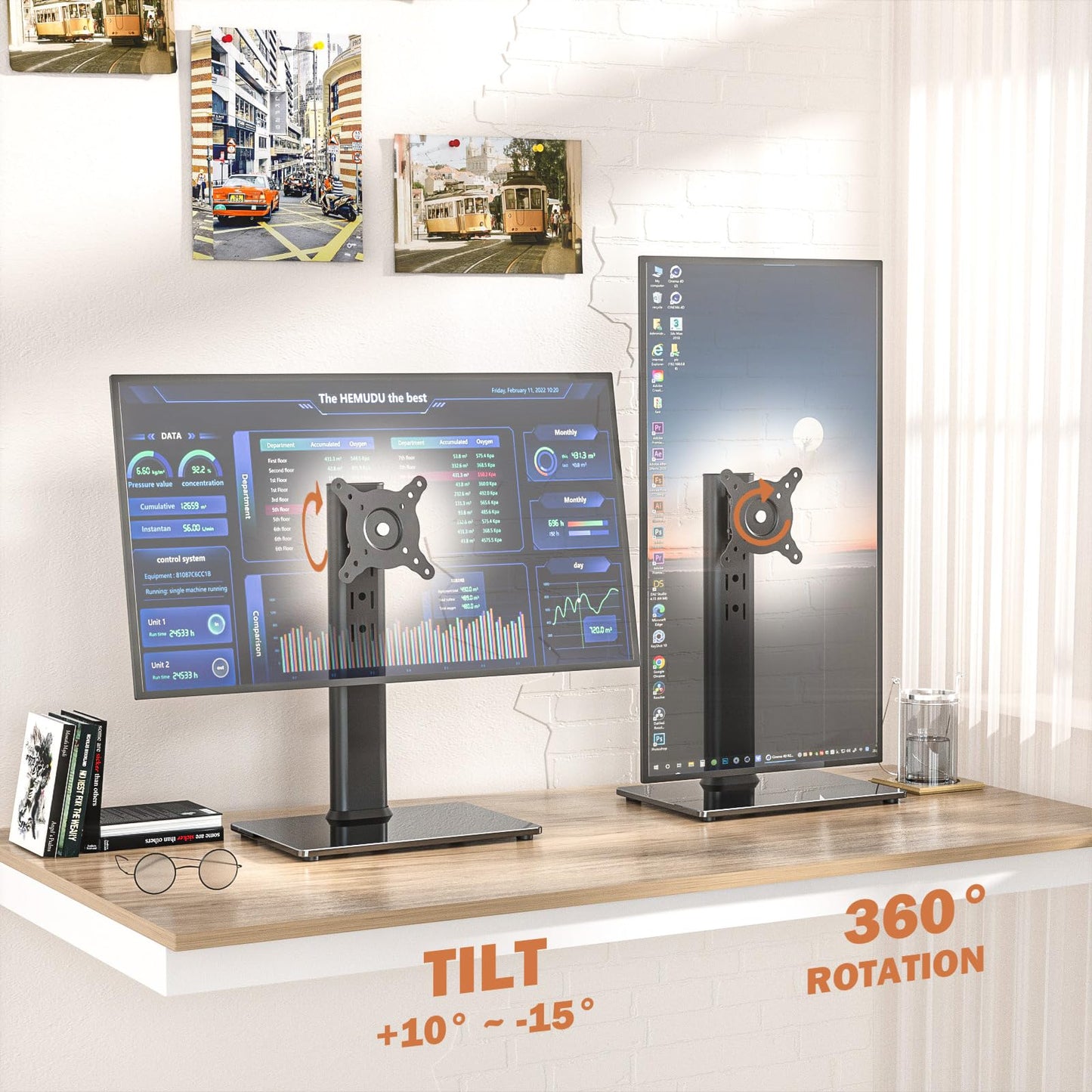 Hemudu 2 Pack Single LCD Computer Monitor Free-Standing Desk Stand Riser for 13 inch to 32 inch Screen with Swivel, Height Adjustable, Rotation, Holds One (1) Screen up to 77Lbs(HT05B-201)