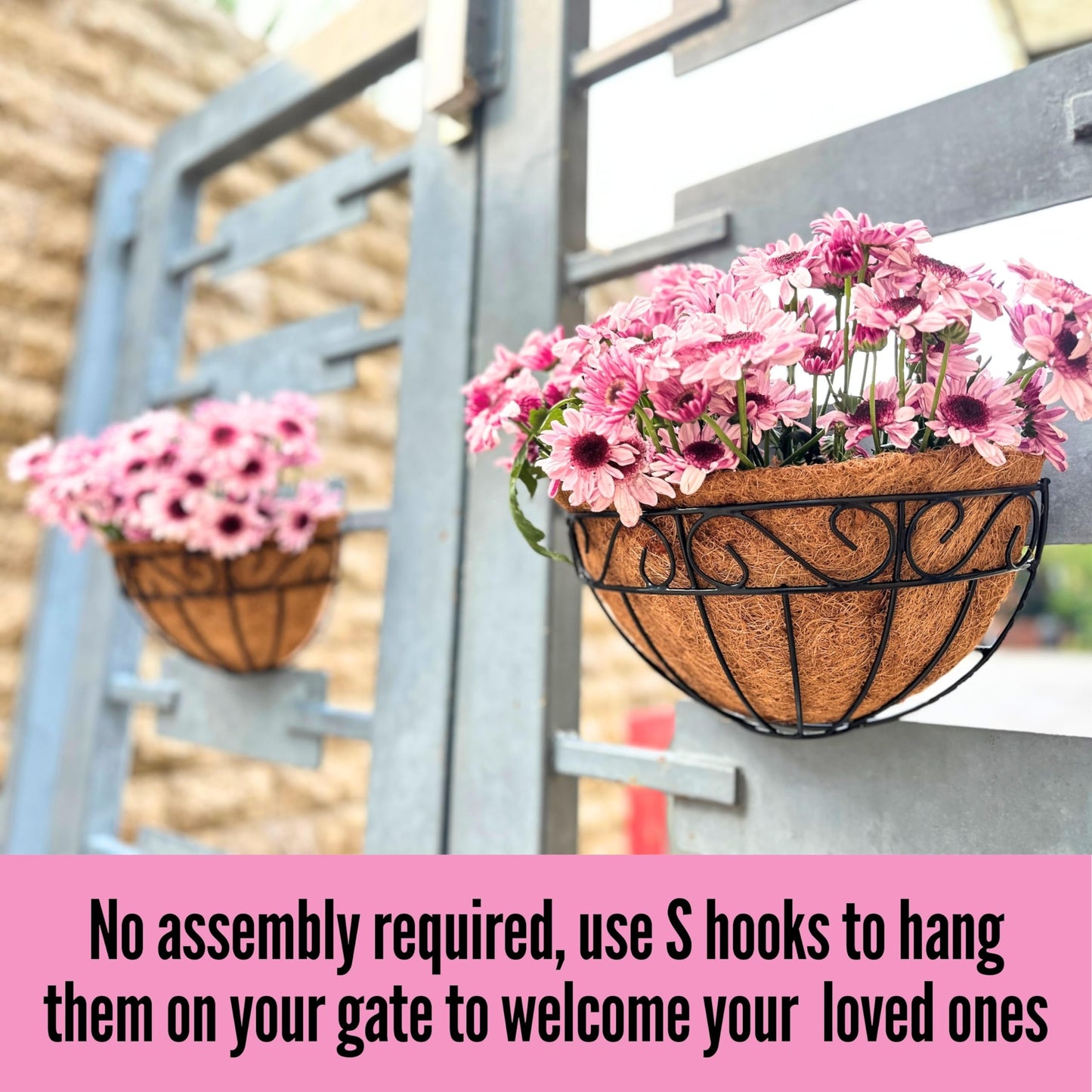LaLaGreen Wall Mounted Flower Baskets (4 Pack 16 Inch) Large Railing Planter Deck Rail Hanging Plant Pots Holders with Coco Liner Outdoor, Metal Herb Fence Porch Balcony Garden Patio Window Box Trough