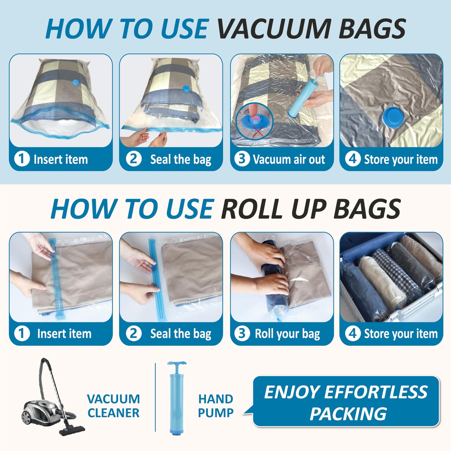 20 Pack Vacuum Storage Bags, Space Saver Bags (4 Jumbo/4 Large/4 Medium/4 Small/4 Roll) Compression Storage Bags for Comforters and Blankets, Vacuum Sealer Bags for Clothes Storage, Hand Pump Included