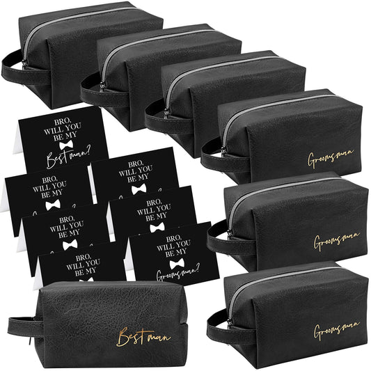 Amylove 7 Sets Man Gifts Men Toiletry Bag for Men Wedding Proposal Gift for Best Man PU Leather Cosmetic Bags with Zipper Bowknot Greeting Card Wedding Toiletries Accessories(Black)