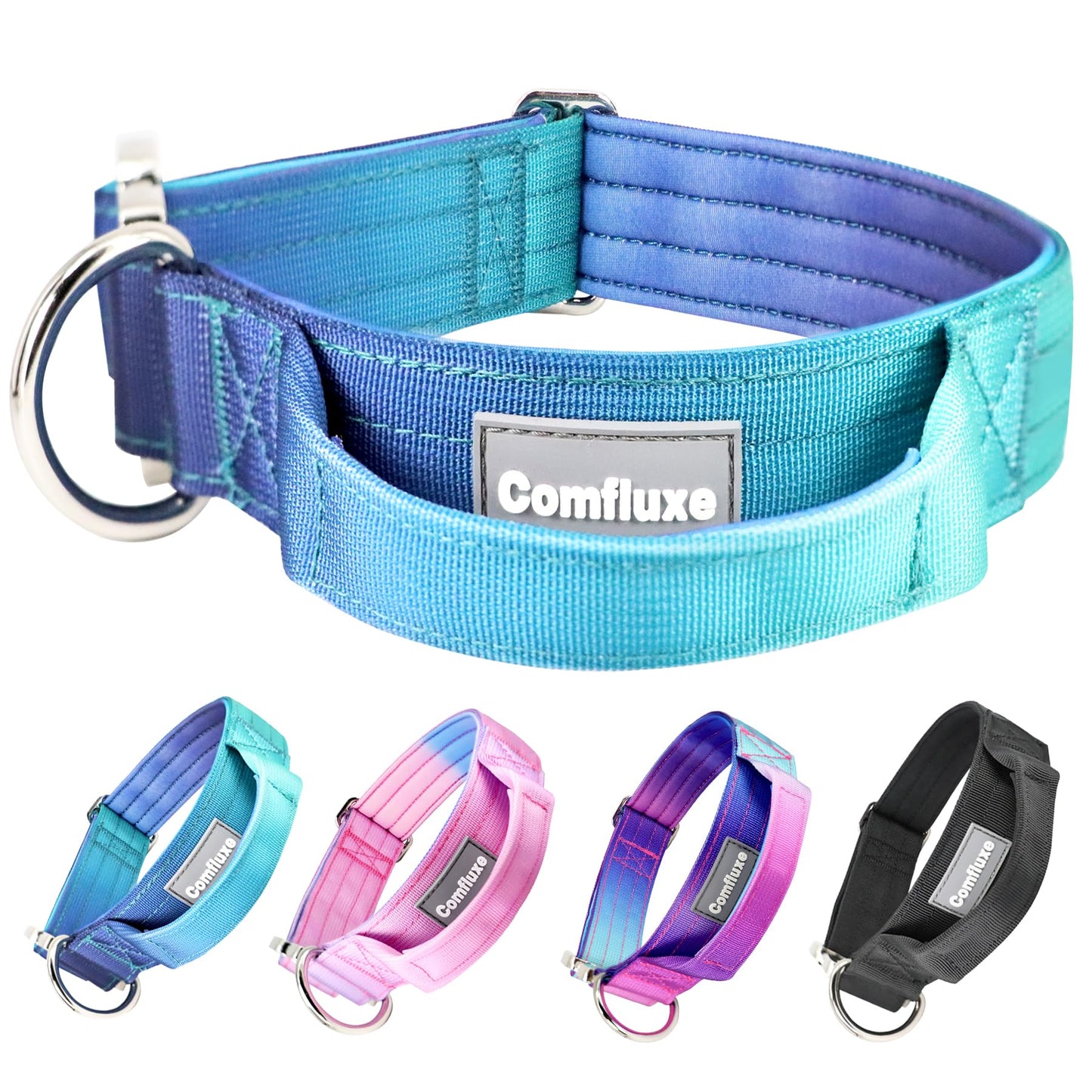 Comfluxe Tactical Dog Collar, Wide Thick Heavy Duty Dog Collar with Handle, Soft Neoprene Padded Military-Grade Nylon Training Collar with Quick Release Metal Buckle for Large Dogs (Blue, M)