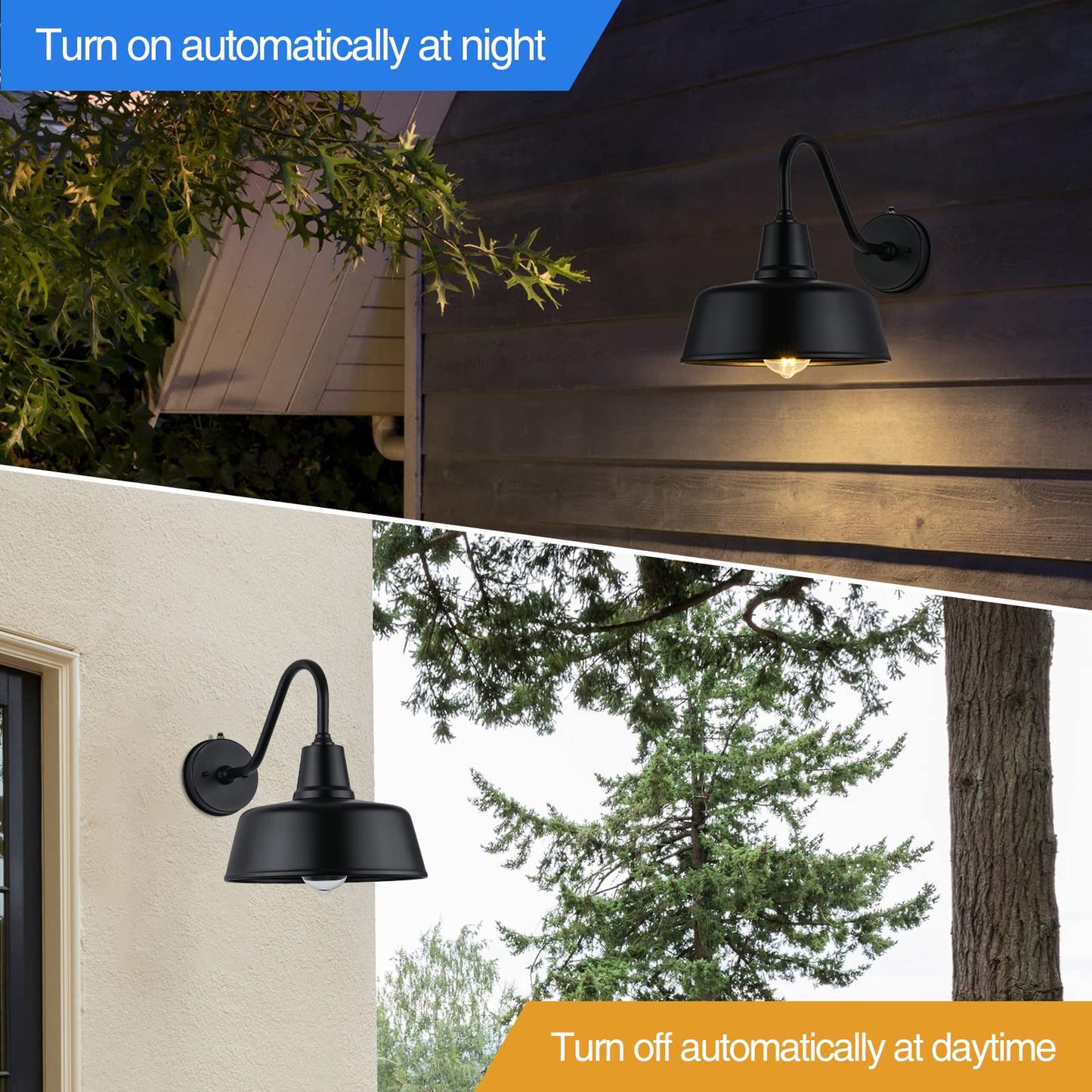 Naurham Barn Lights Outdoor Gooseneck Lighting, Dusk to Dawn Black Exterior Barn Lights for House, Farmhouse Wall Lighting Fixtures with Sensor for Porch Garage (1, 11" Diameter)