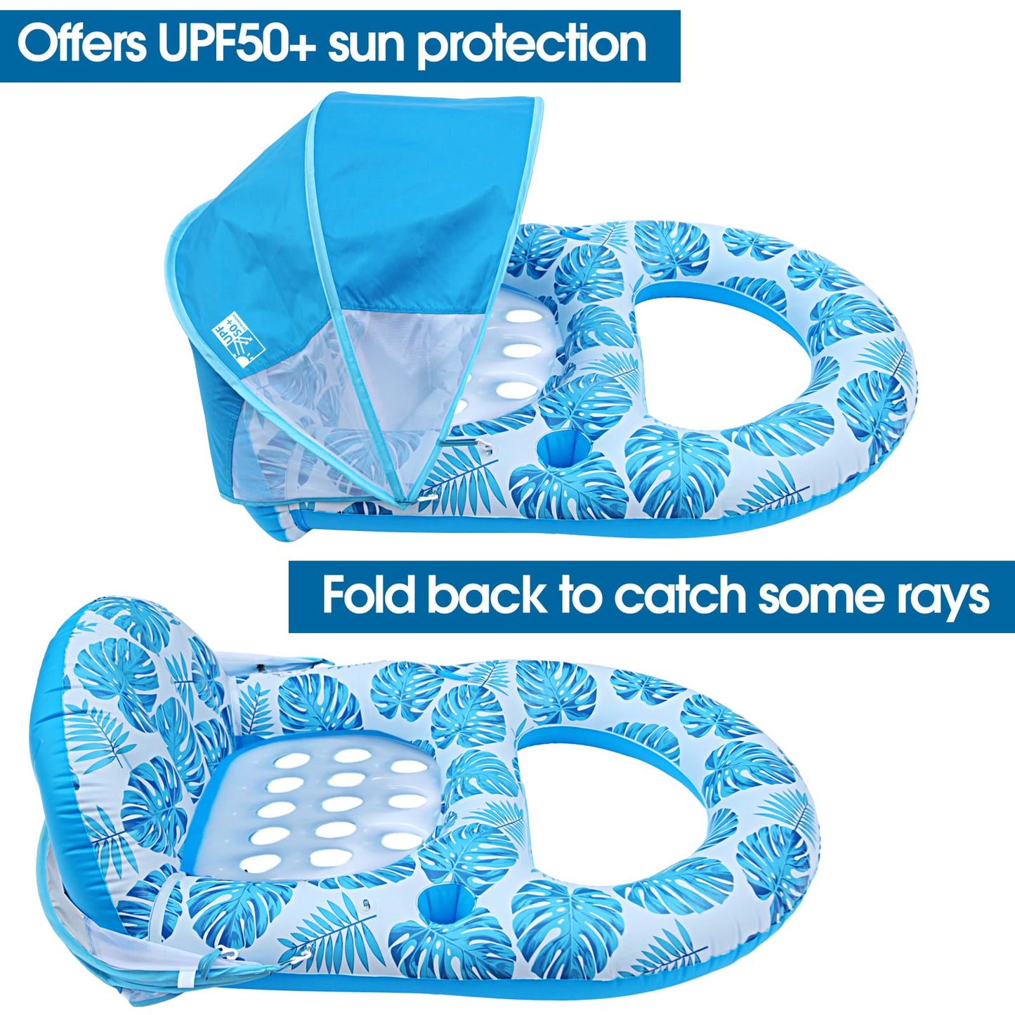 COOLCOOLDEE Pool Lounge Float with Canopy UPF50+,Extra Large Pool Floats for Adults Heavy Duty,Inflatable Lounger Float with Cup Holder & Backrest,Footrest