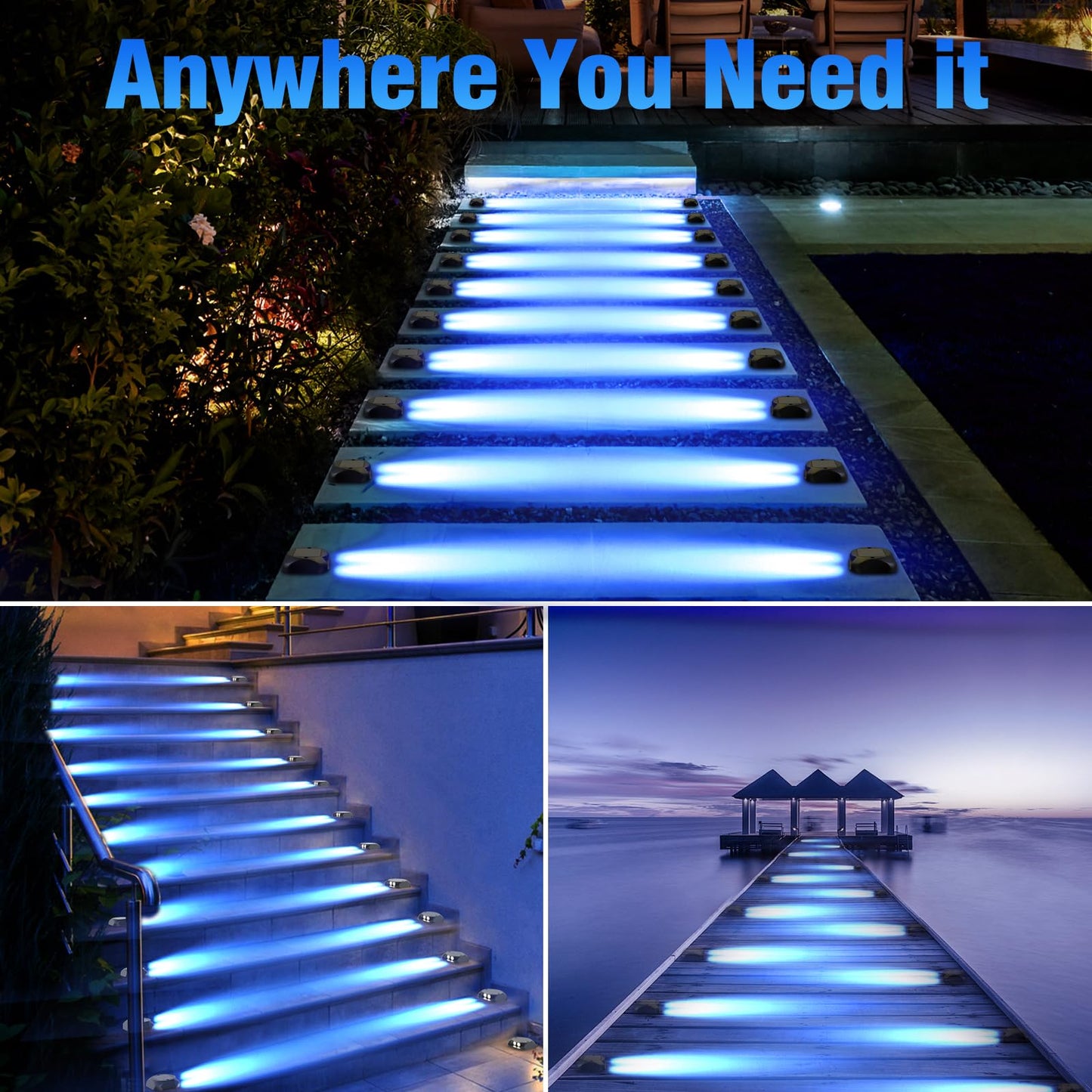 Quntis 12-Pack Solar Deck Lights, IP65 Waterproof Solar Dock Lights, Dusk to Dawn 15Hs Lighting Solar Lights Outdoor, 500M Visible Solar Step Lights for Marine Driveway Pathway Stair Warning Yard,Blue
