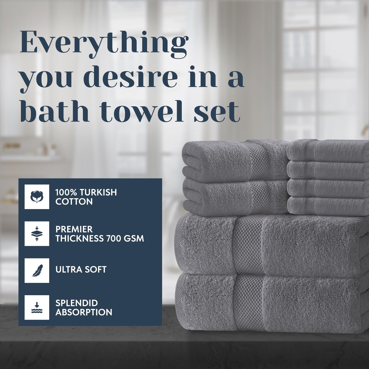 White Classic Luxury Dark Gray Bath Towel Set - Combed Cotton Hotel Quality Absorbent 8 Piece Towels | 2 Bath Towels 700GSM | 2 Hand Towels | 4 Washcloths [Worth $72.95] 8 Pack | Dark Gray
