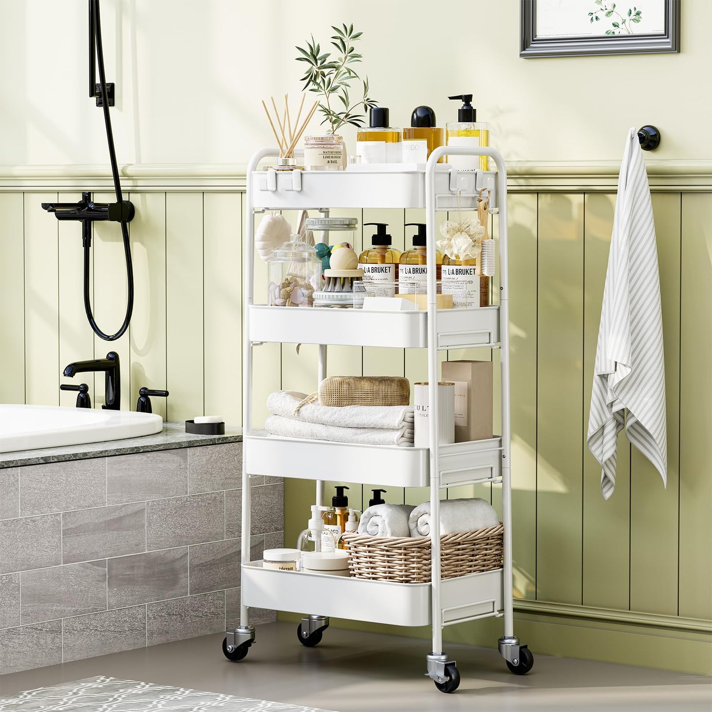 TOOLF 4-Tier Rolling Cart, Metal Utility Cart with Lockable Wheels, Storage Craft Organizer Serving Trolley Easy Assembly for Office, Bathroom, Kitchen, Kids' Room, Classroom, White