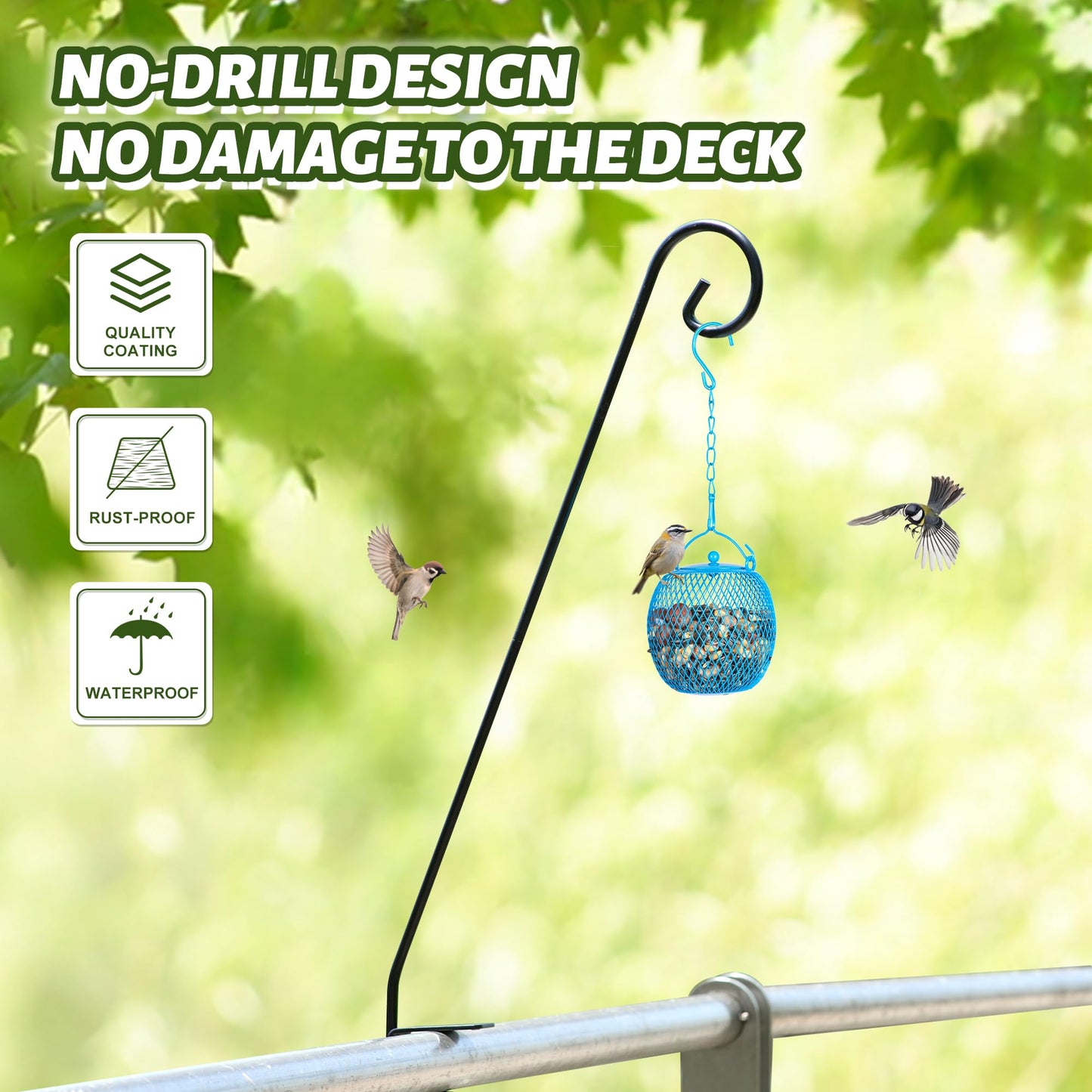 MIXXIDEA Heavy Duty Deck Rail Pole Deck Hook, Extensible and Adjustable Deck Hook for Hanging Bird Feeder, Plants, Suet Baskets,Wind Chimes,Lanterns (28in Long Curled Hook-2 Pack)