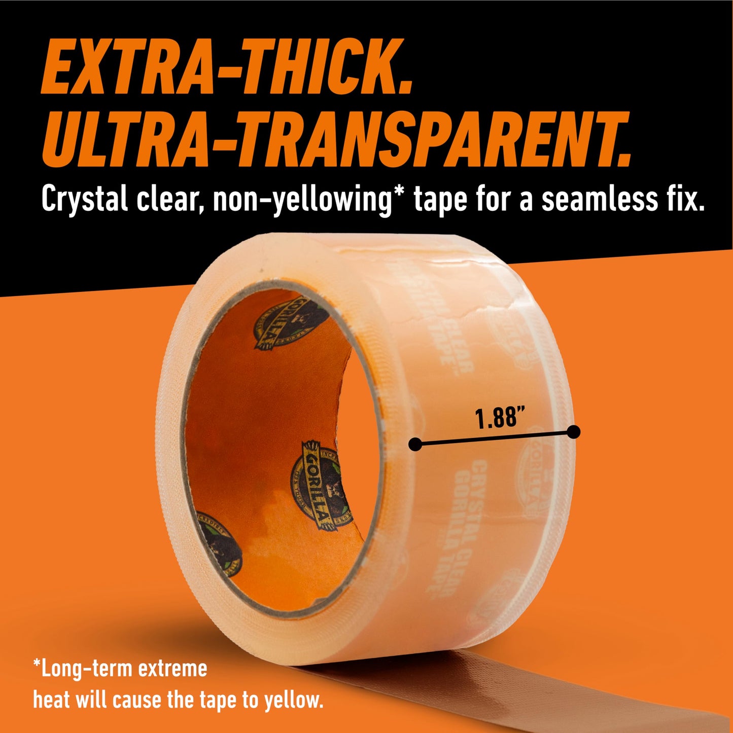 Gorilla Crystal Clear Tape, Duct, Utility, Non-Yellowing, Heavy Duty, Extra Thick Adhesive, Flexible, UV Temperature Resistant, 1.88 in x 18 yd, (Pack of 2)