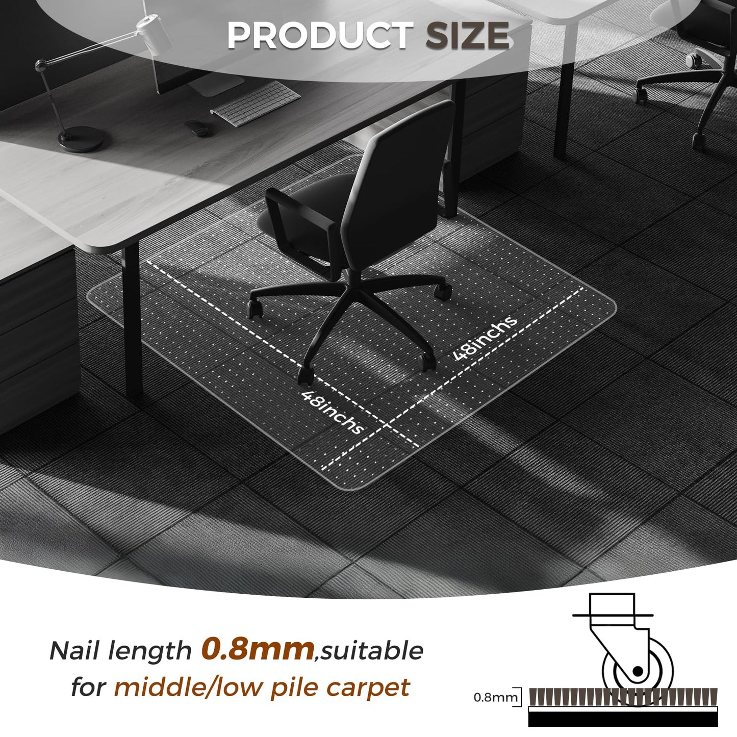FRUITEAM Office Chair Mat for Carpet Floors, 48''×48'' Square Heavy Duty Carpet Protector, Easy Glide and Sturdy, Rectangle Transparent with Non-Slip Studded fot Home and Office