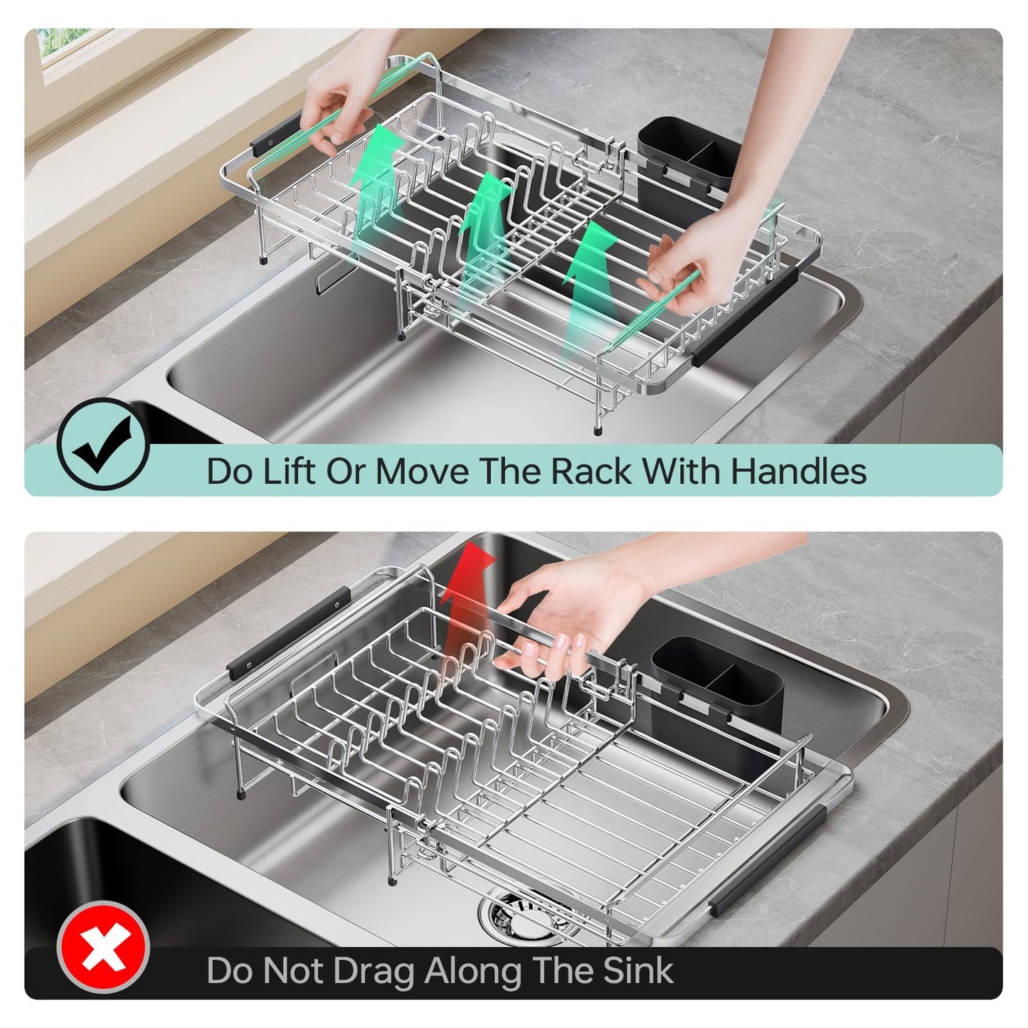 Urackify Stainless Steel Expandable-Sink-Dish-Drying-Rack with Utensil Holder for Kitchen Counter, in Sink and Over The Sink, Rust Resistant, Silver