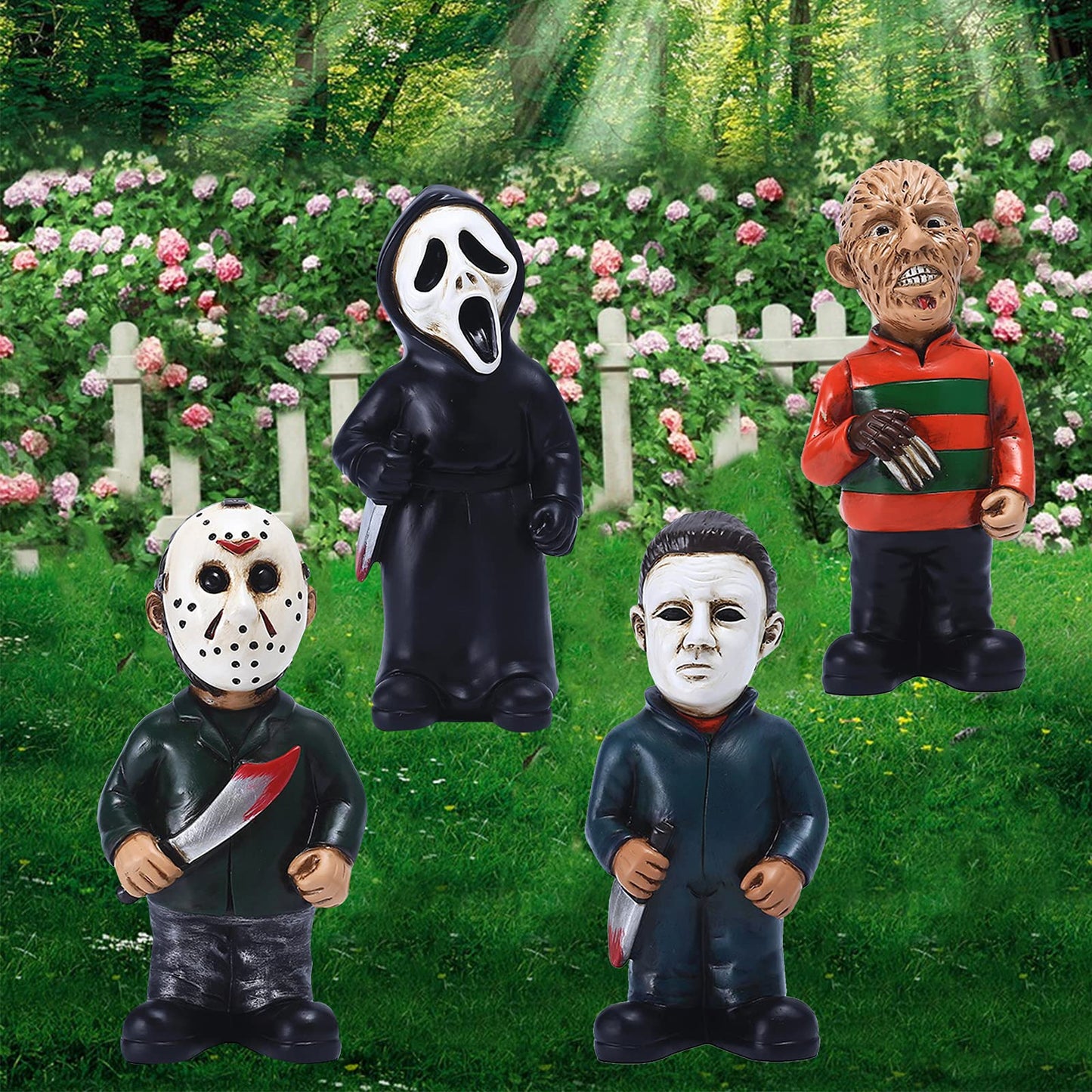 Homelex Horror Movie Garden Gnomes Decoration Set Michael Myers Freddy Jason Scary Gnomes Figurine for Halloween Statues