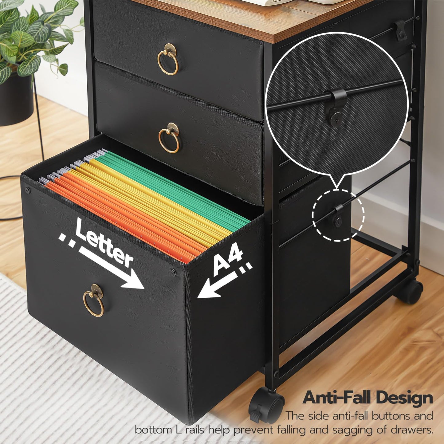 HOOBRO Mobile File Cabinet, Rolling Printer Stand with 3 Drawers, Office Cabinet, Fabric Vertical Filing Cabinet fits A4 or Letter Size for Home Office, Black and Rustic Brown BFK30WJ01